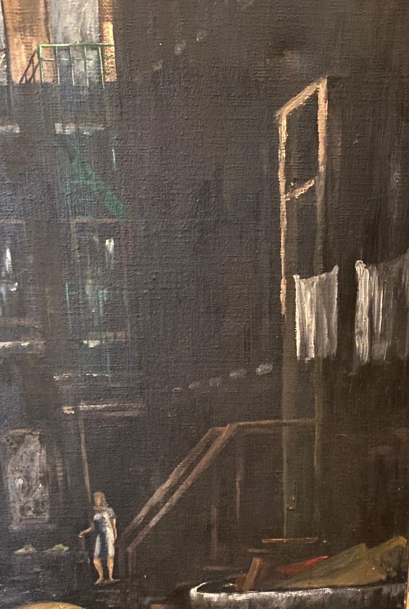 Peinture à l'huile moderne du milieu du siècle dernier signée Vastano, garçon avec son chien dans une ville sombre en vente 6