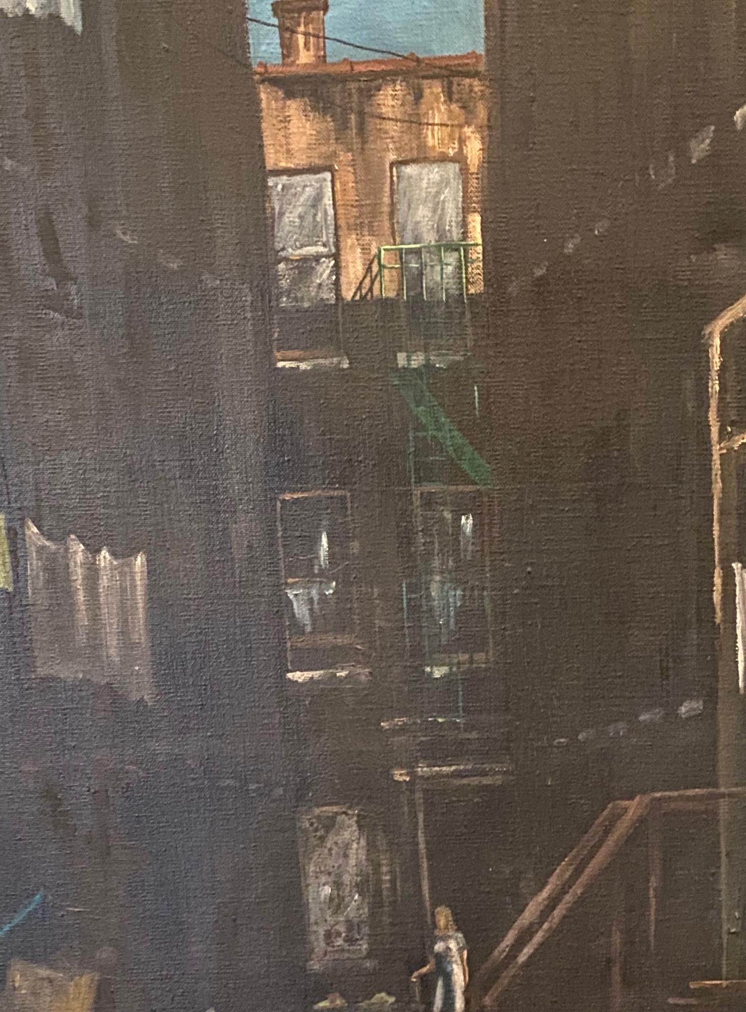 Peinture à l'huile moderne du milieu du siècle dernier signée Vastano, garçon avec son chien dans une ville sombre en vente 7