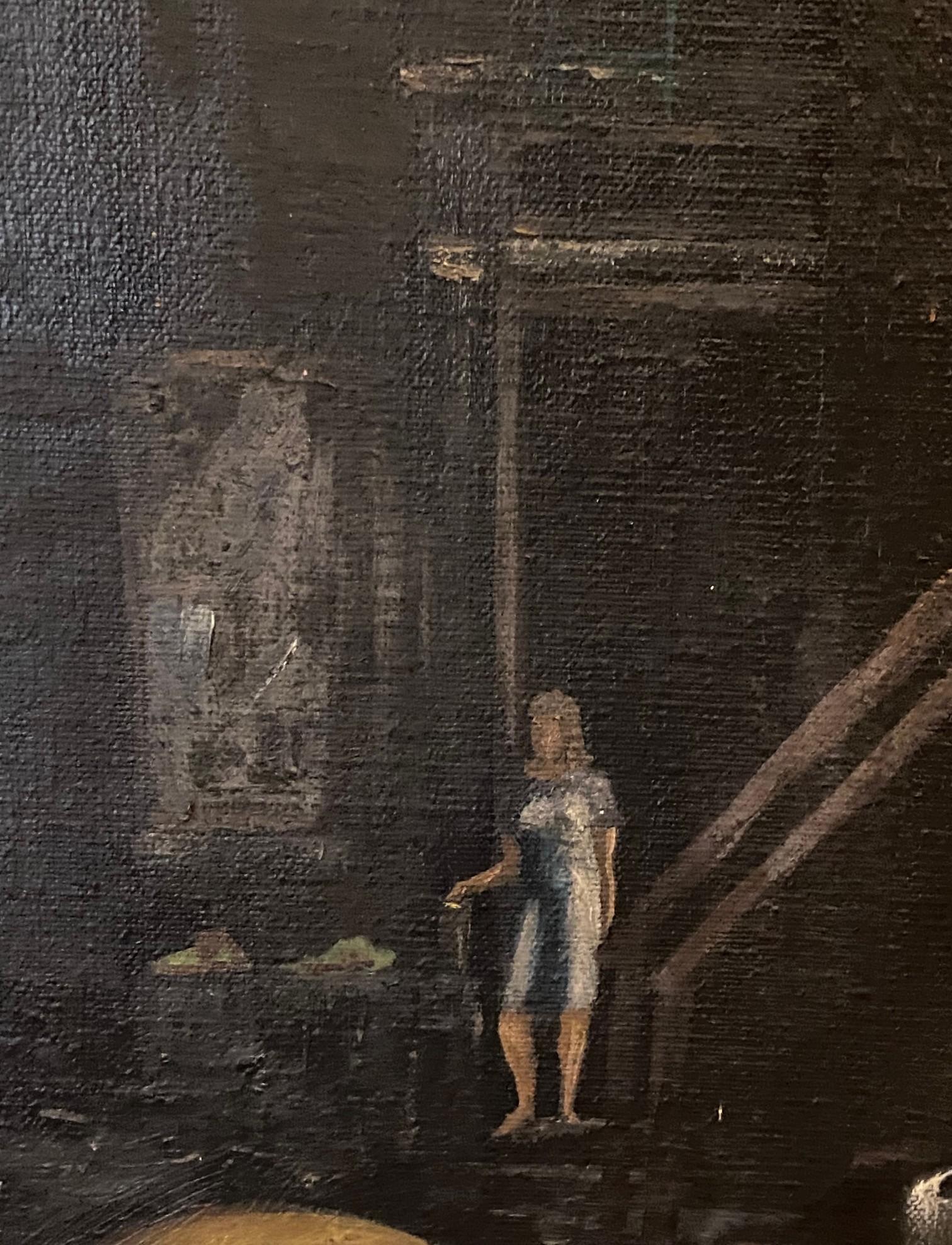 Peinture à l'huile moderne du milieu du siècle dernier signée Vastano, garçon avec son chien dans une ville sombre en vente 10