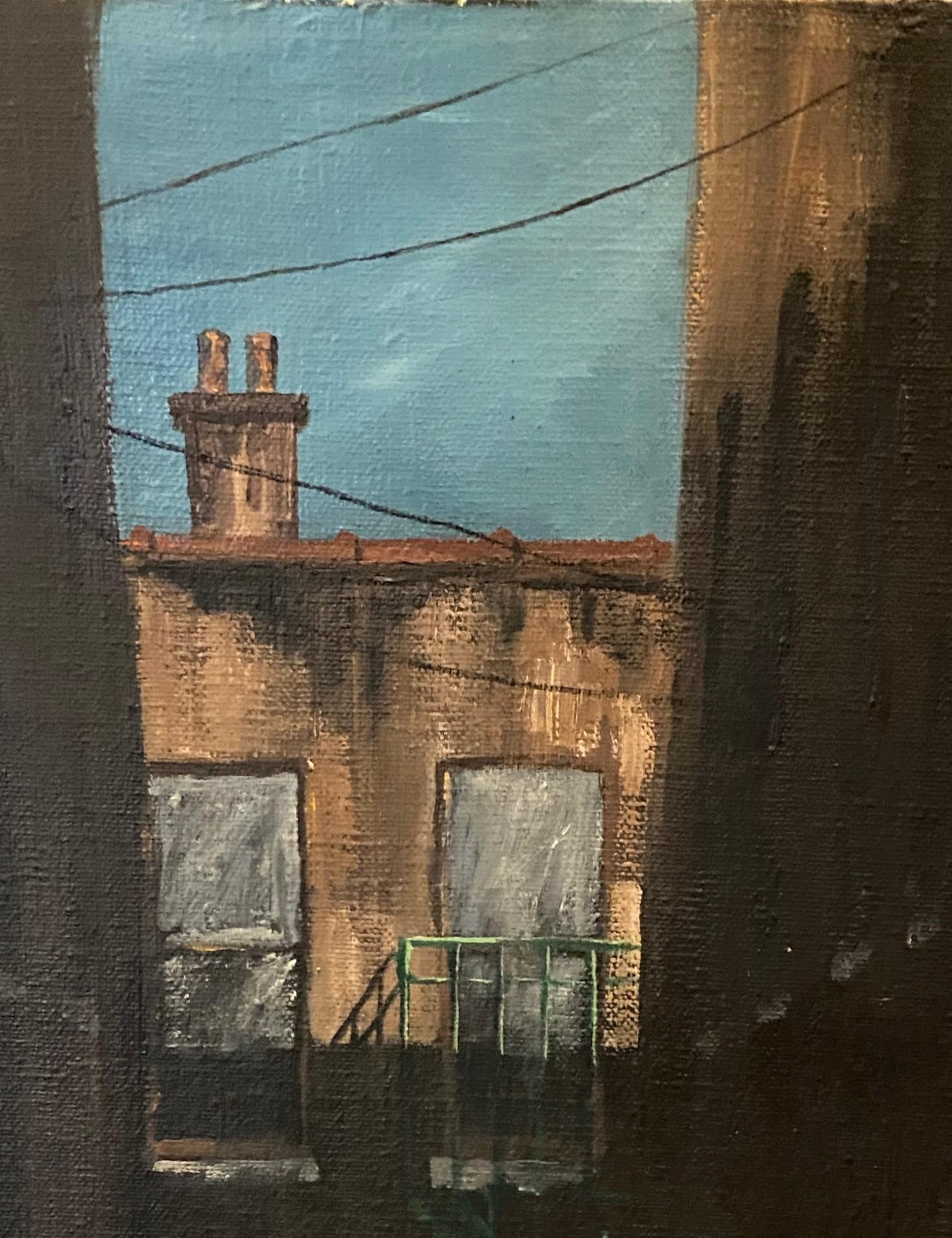 Peinture à l'huile moderne du milieu du siècle dernier signée Vastano, garçon avec son chien dans une ville sombre en vente 11
