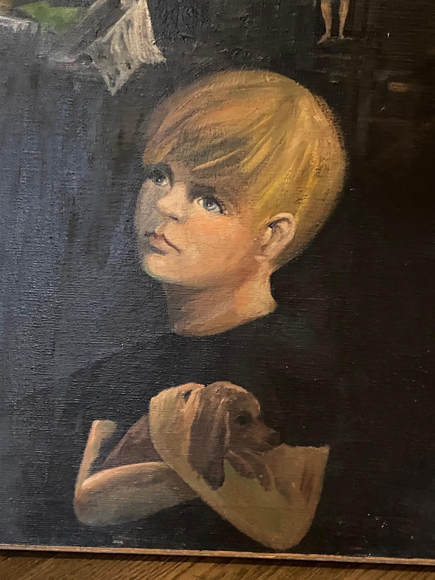 Mid-Century Modern Peinture à l'huile moderne du milieu du siècle dernier signée Vastano, garçon avec son chien dans une ville sombre en vente