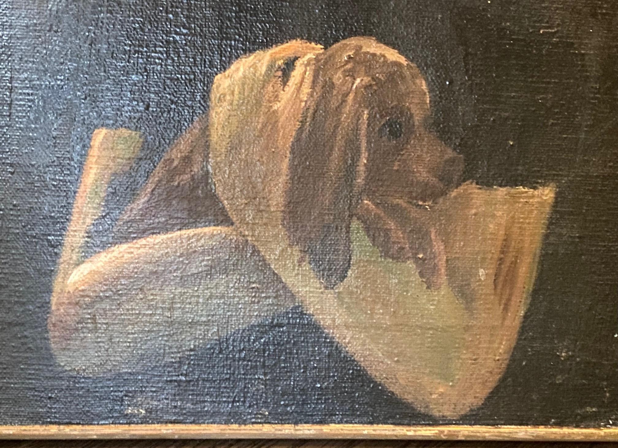 Peint à la main Peinture à l'huile moderne du milieu du siècle dernier signée Vastano, garçon avec son chien dans une ville sombre en vente