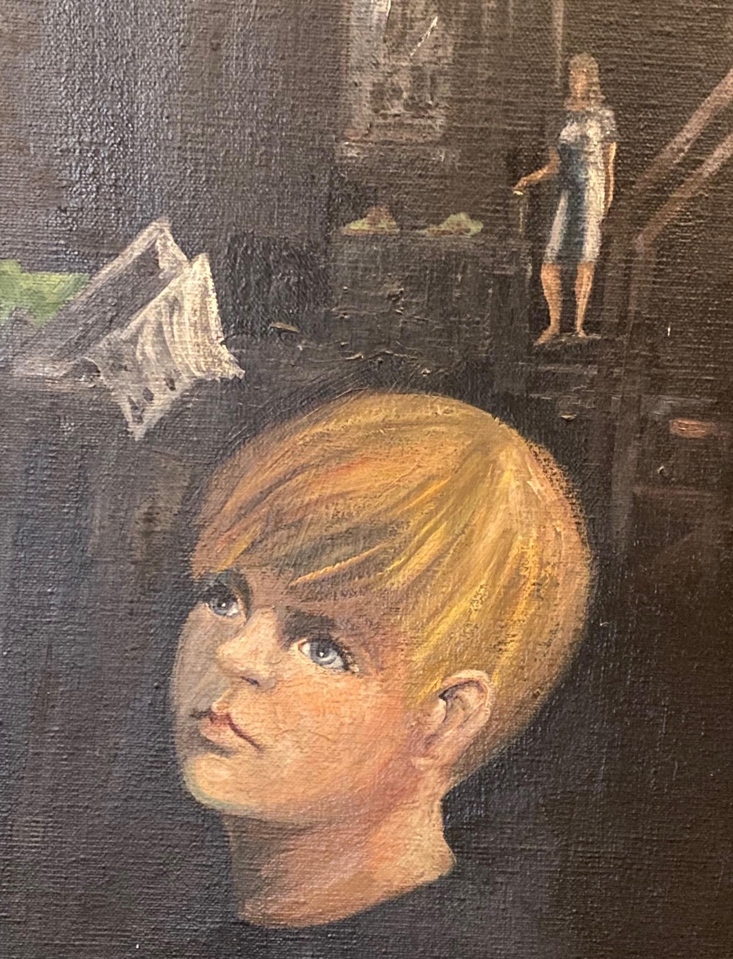 Peinture à l'huile moderne du milieu du siècle dernier signée Vastano, garçon avec son chien dans une ville sombre Bon état - En vente à Studio City, CA
