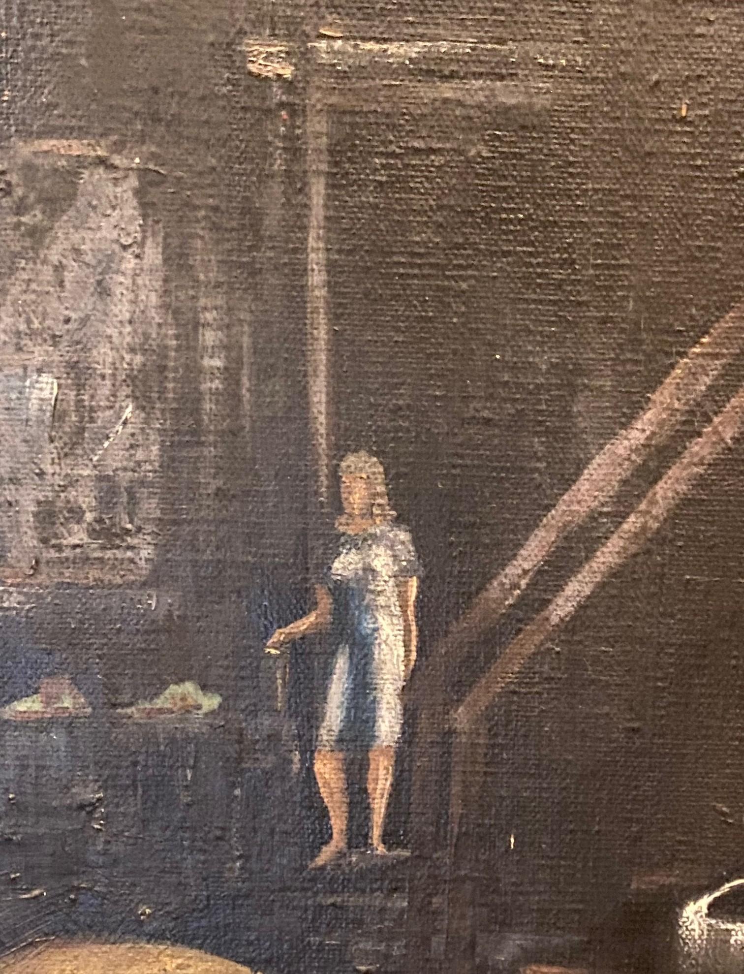 20ième siècle Peinture à l'huile moderne du milieu du siècle dernier signée Vastano, garçon avec son chien dans une ville sombre en vente