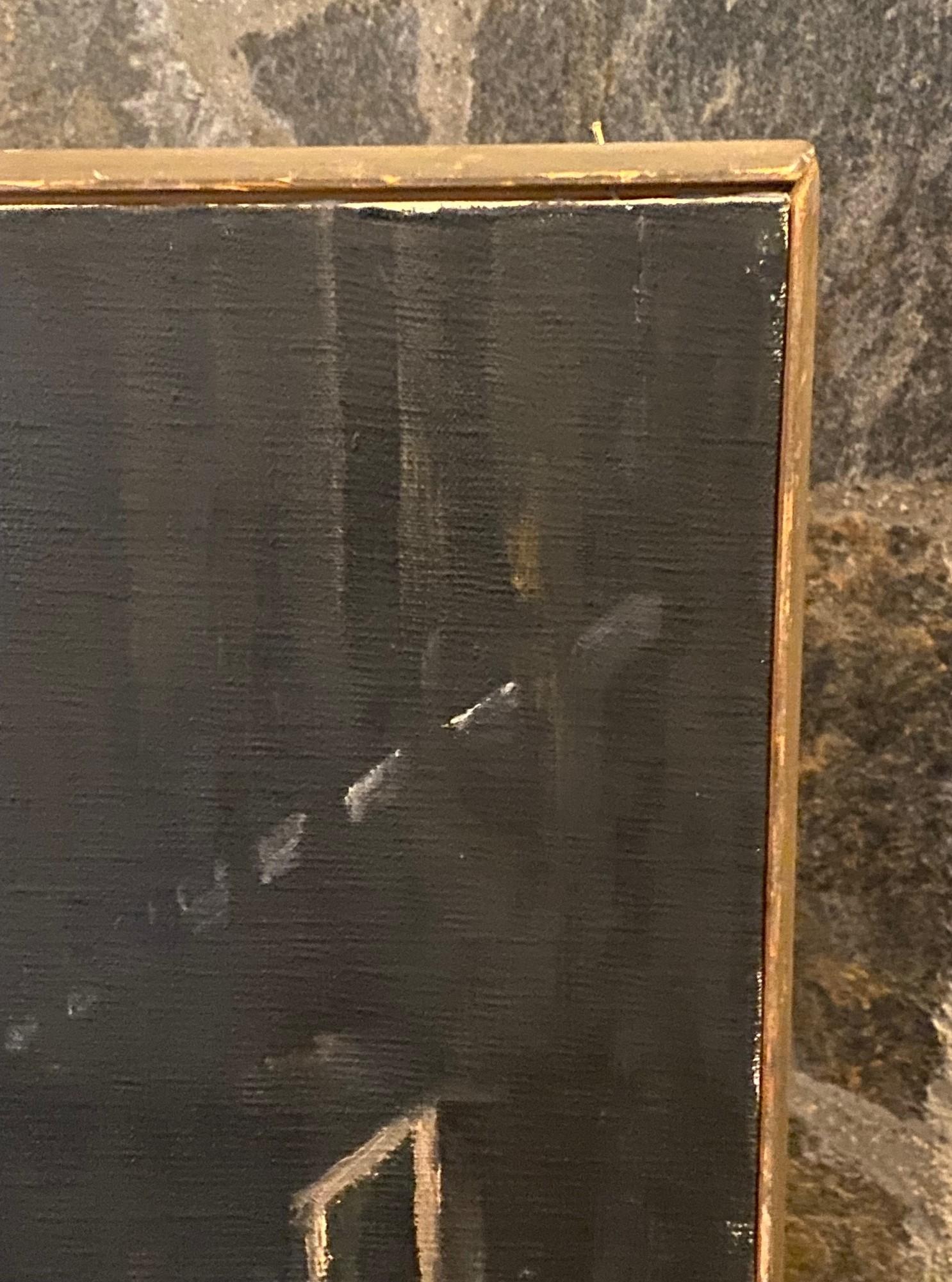 Peinture à l'huile moderne du milieu du siècle dernier signée Vastano, garçon avec son chien dans une ville sombre en vente 1