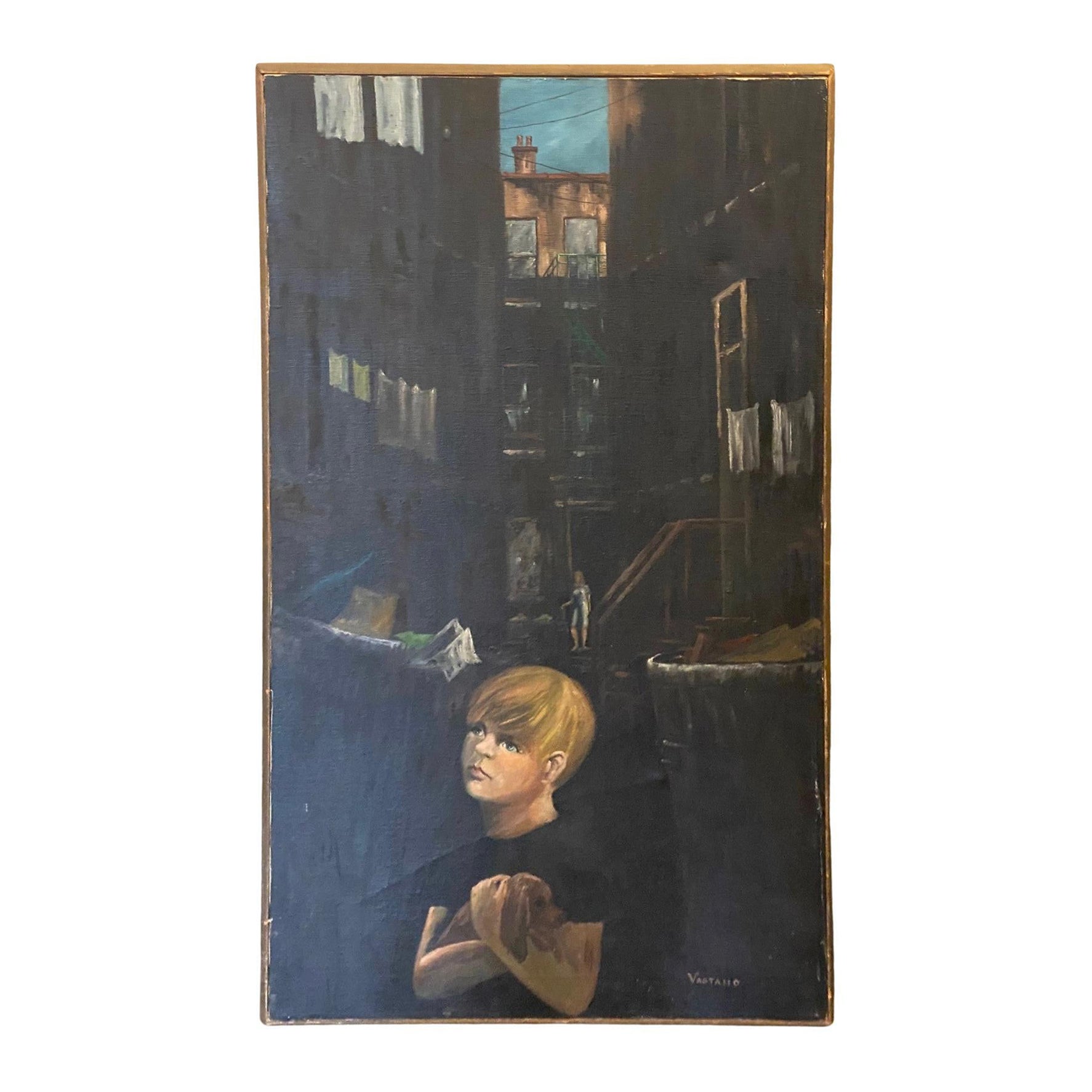 Peinture à l'huile moderne du milieu du siècle dernier signée Vastano, garçon avec son chien dans une ville sombre en vente
