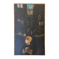 Mid-Century Modern Vastano Signed Oil Painting Boy With His Dog In Dark City