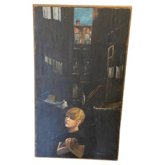 Pittura ad olio firmata Vastano, metà secolo, Ragazzo con il suo cane nella città buia