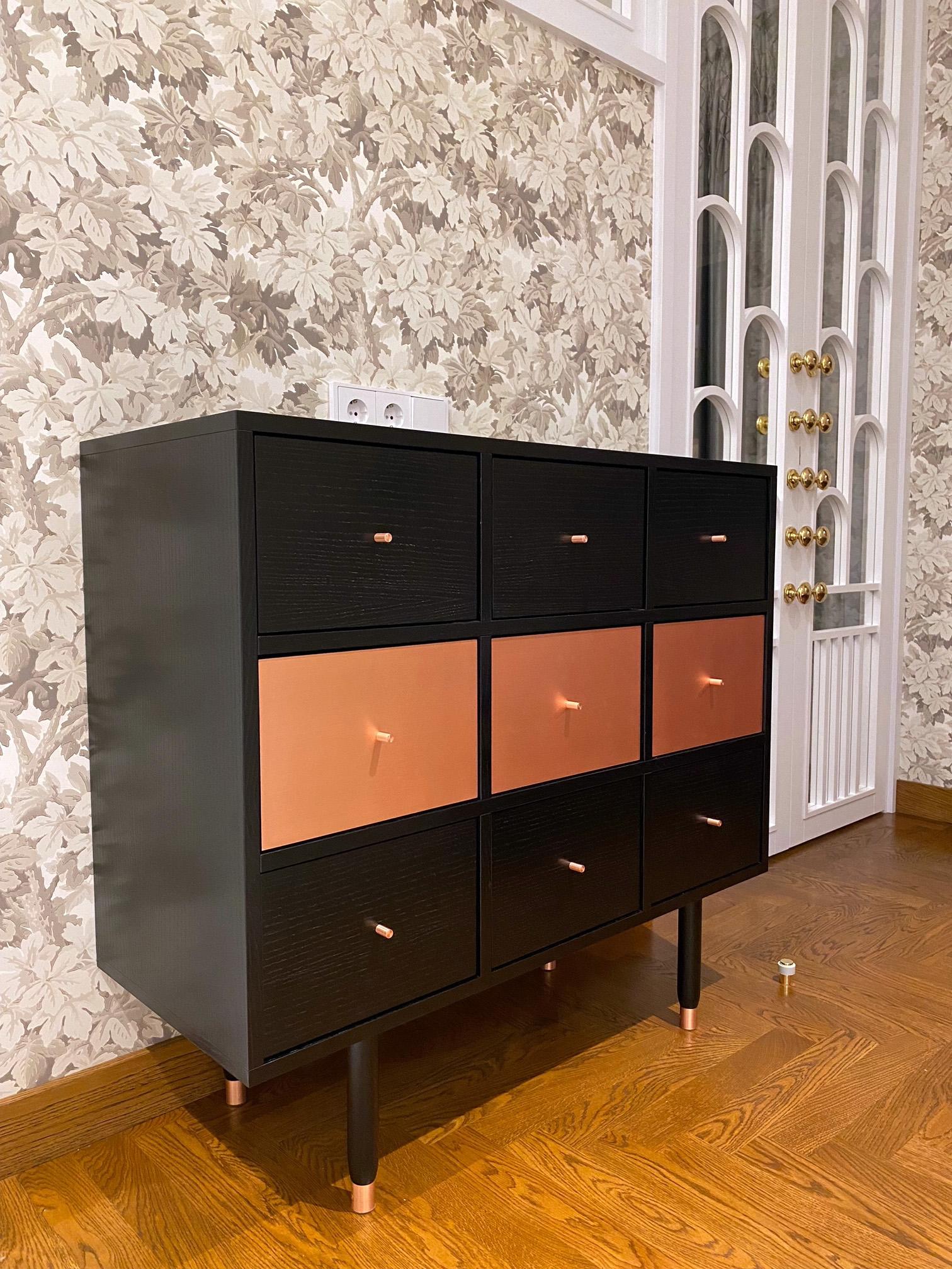 Brushed Mid-Century Modern Vatnafjoll Chest of Drawers, Sideboard in Black Ash, Copper For Sale