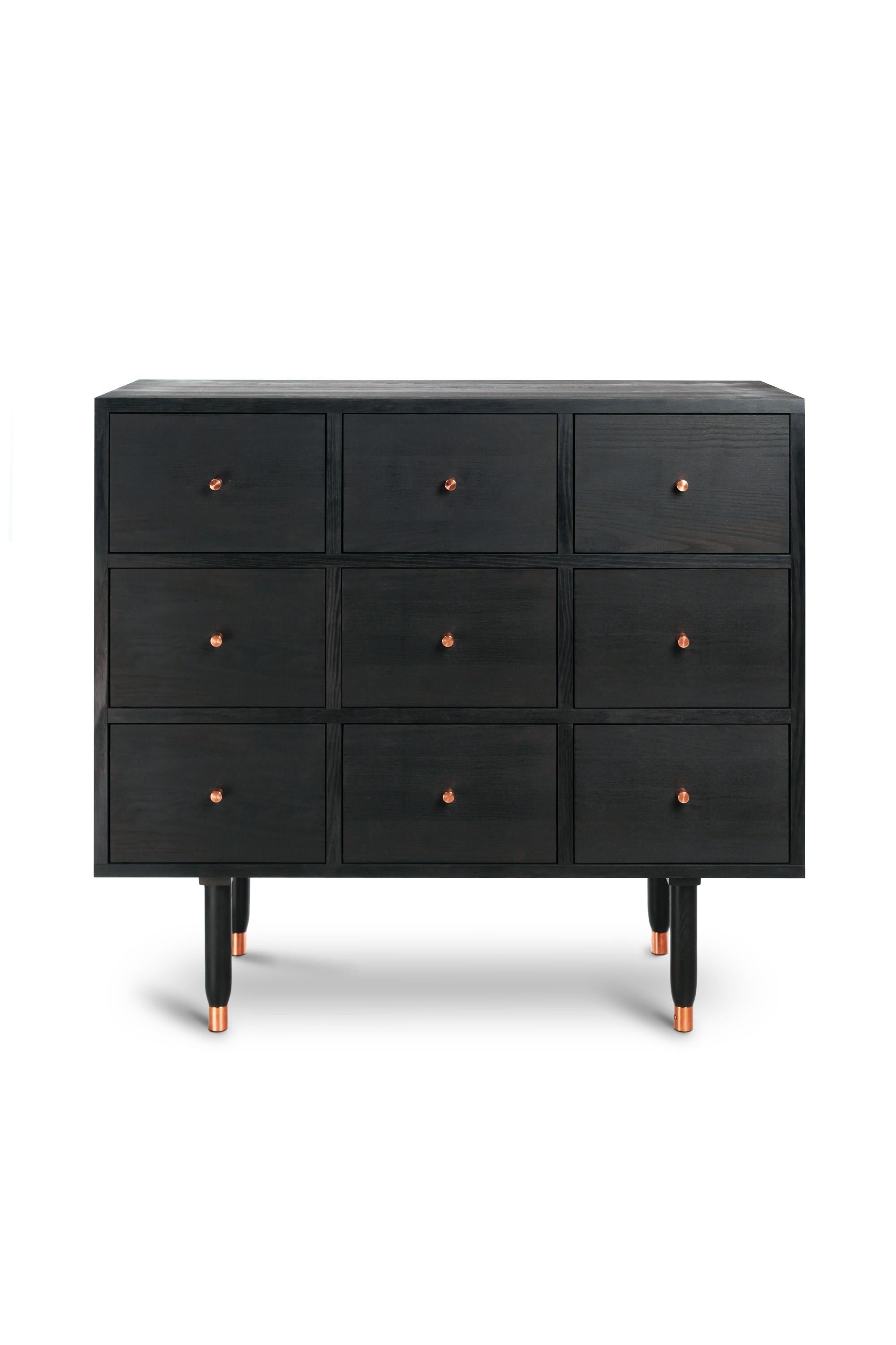 Contemporary Mid-Century Modern Vatnafjoll Chest of Drawers, Sideboard in Black Ash, Copper For Sale