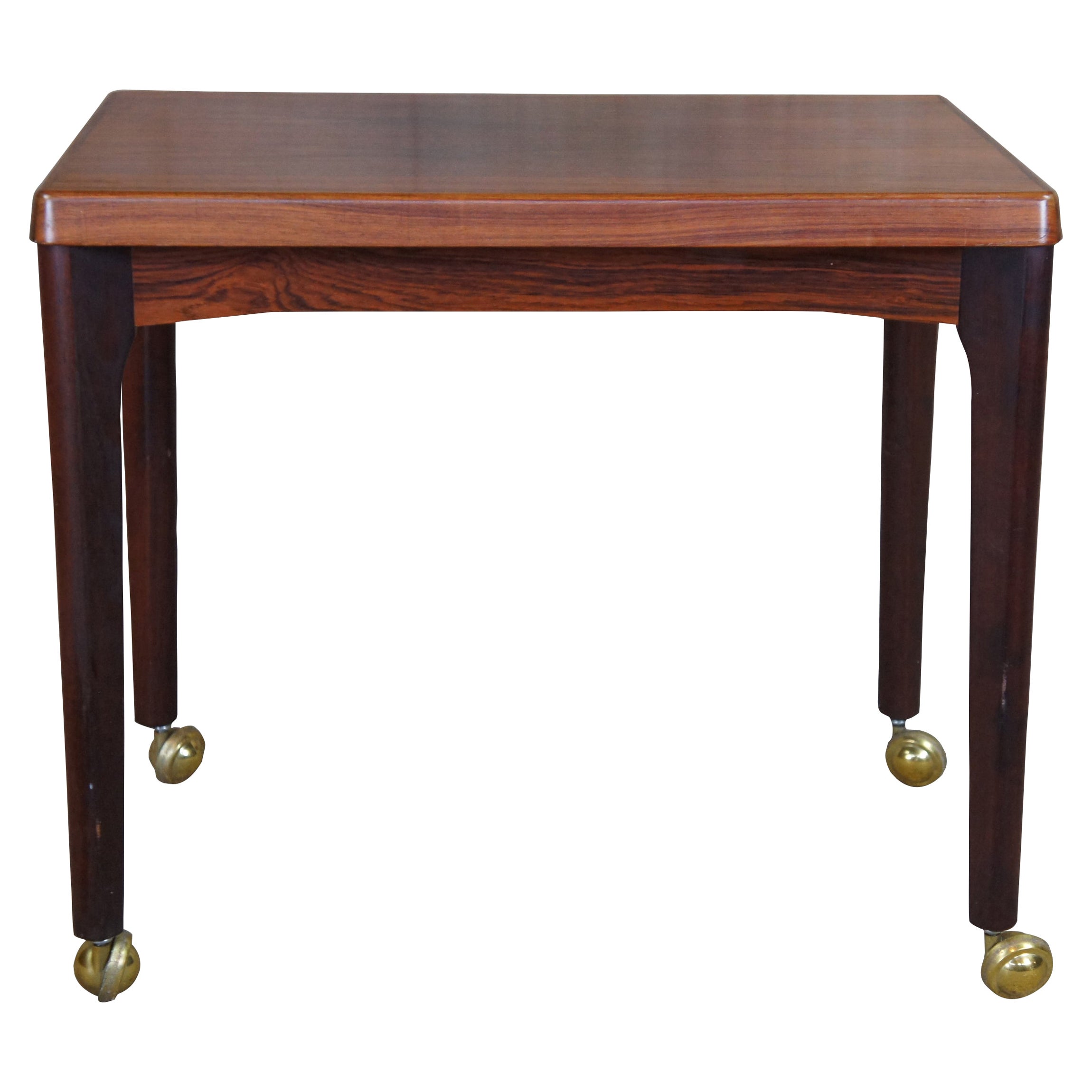 Mid-Century Modern Vejle Stole Movelfabrik console, accent or side table. Made of rosewood featuring rectangular form and large rollilng casters. Marked Made in Denmark along bottom.
    