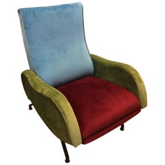 Mid-Century Modern Velvet and Metal Reclining Italian Armchair, circa 1960
