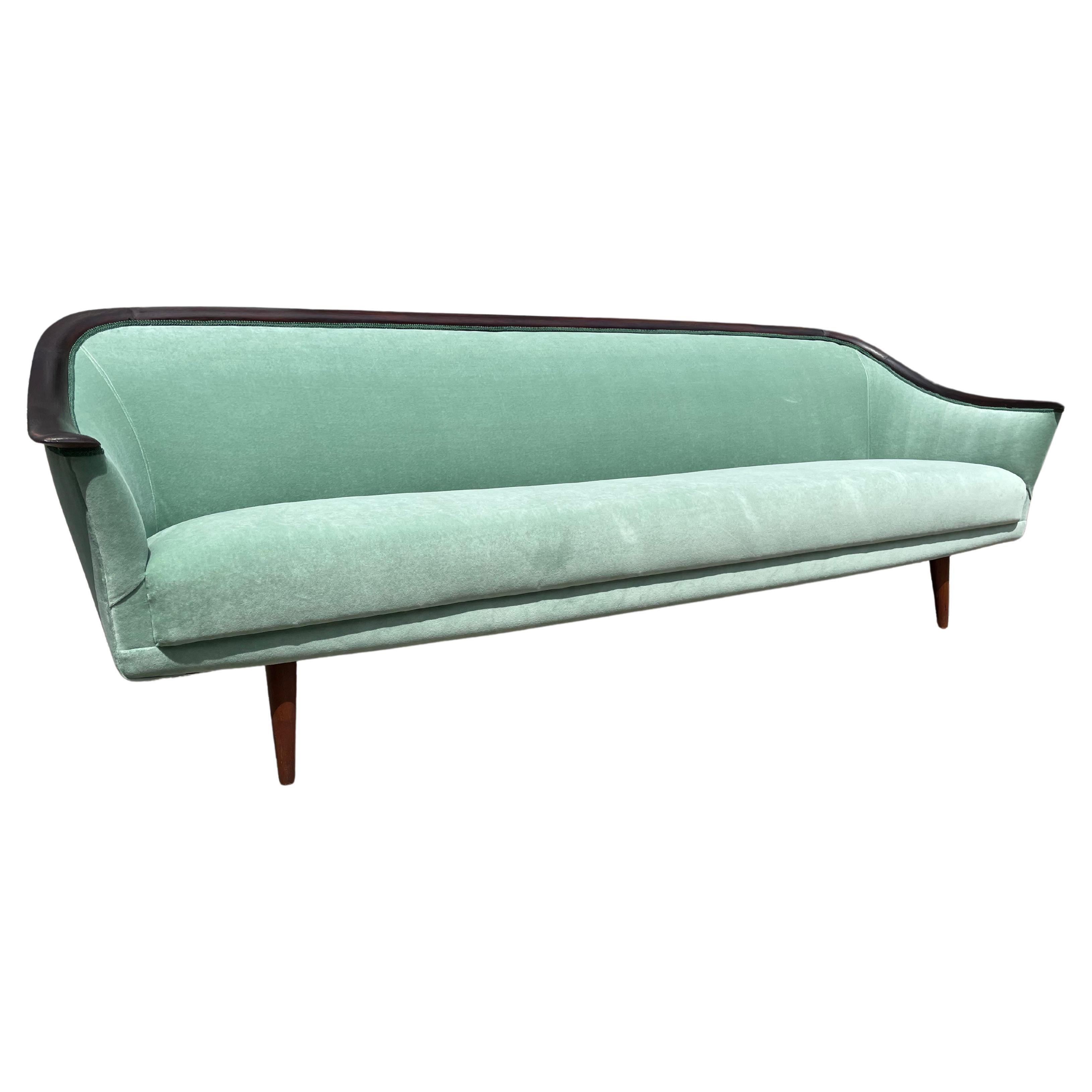 Mid Century Modern Velvet and wood Sofa For Sale