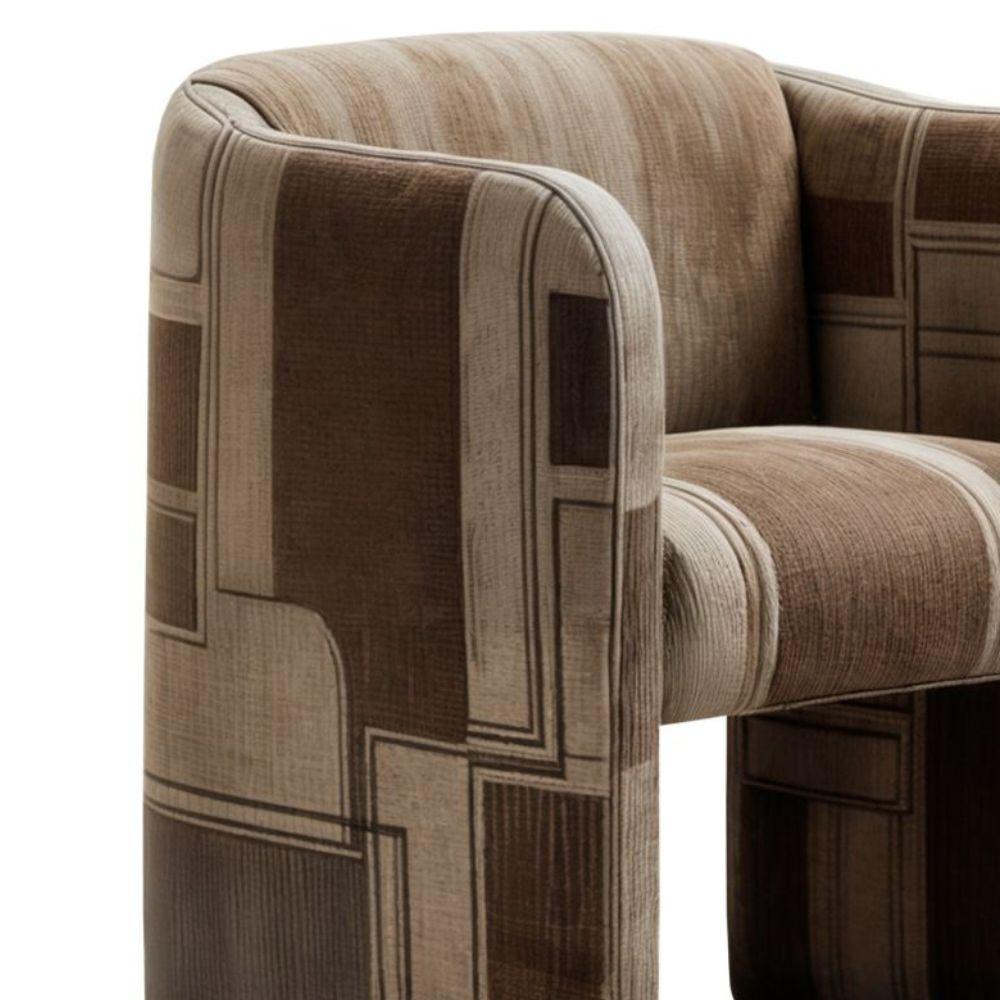 Portuguese Mid-Century Modern Velvet Armchair Upholstered Beige & Brown Printed Pattern For Sale