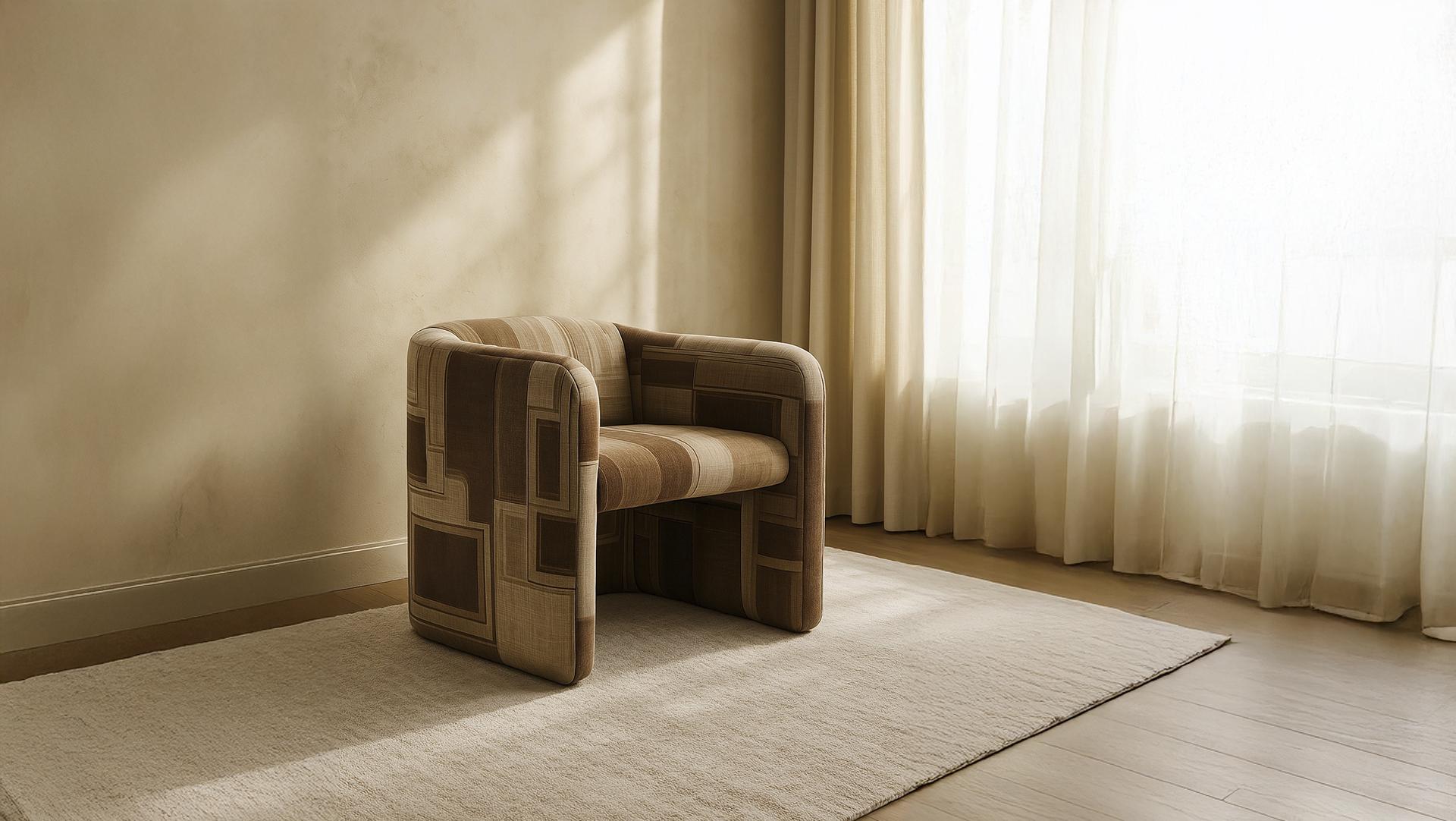 Mid-Century Modern Velvet Armchair Upholstered Beige & Brown Printed Pattern In New Condition For Sale In Porto, PT