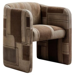 Mid-Century Modern Velvet Armchair Upholstered Beige & Brown Printed Pattern