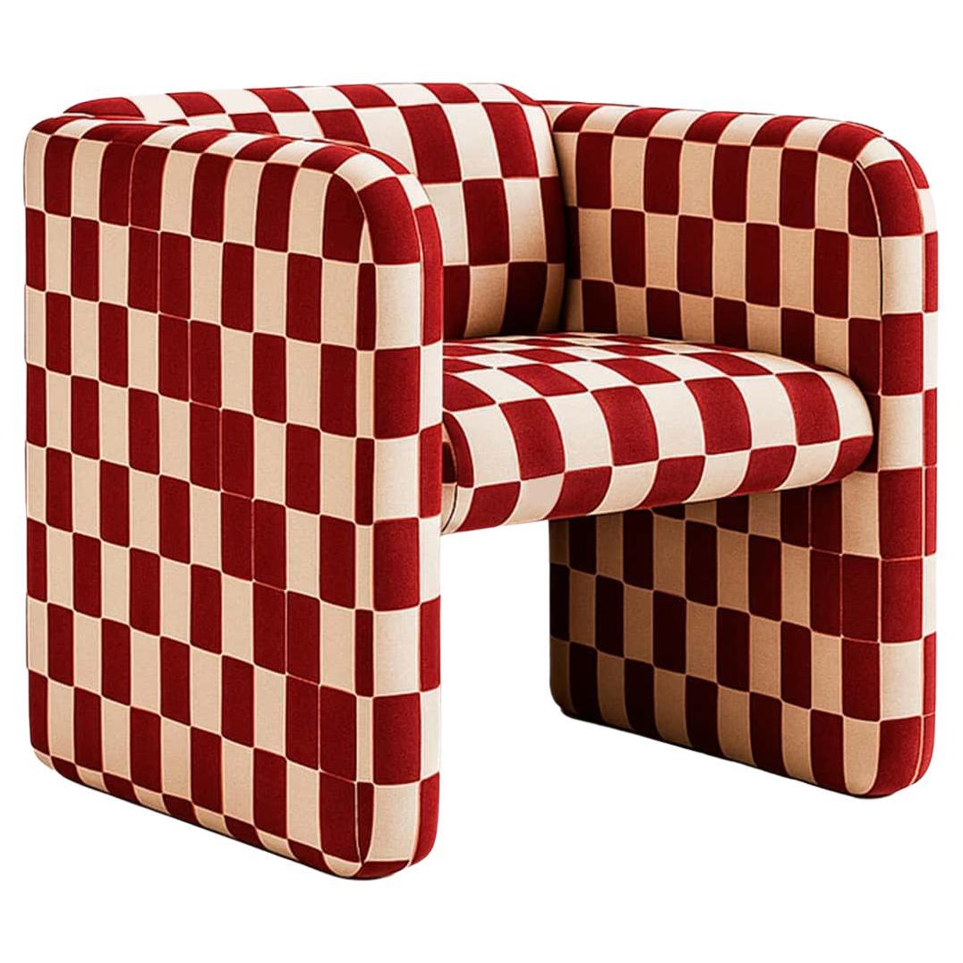 Mid-Century Modern Velvet Armchair Upholstered in White & Red Checkered Pattern