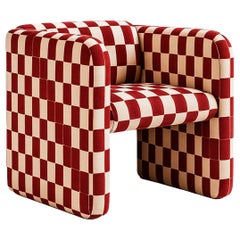 Mid-Century Modern Velvet Armchair Upholstered in White & Red Checkered Pattern