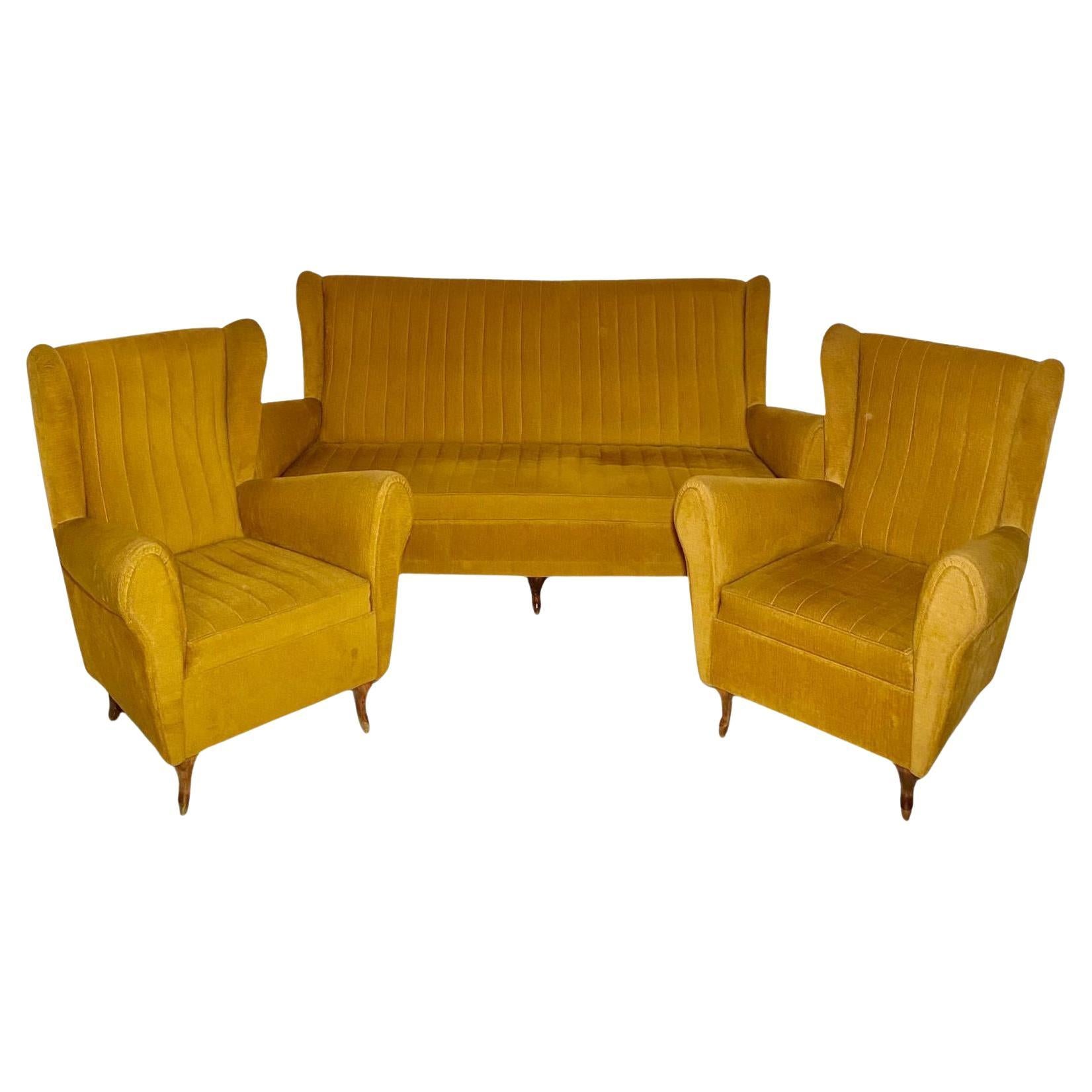 Set da salotto in velluto moderno del Mid Century nello stile di Gio Ponti
