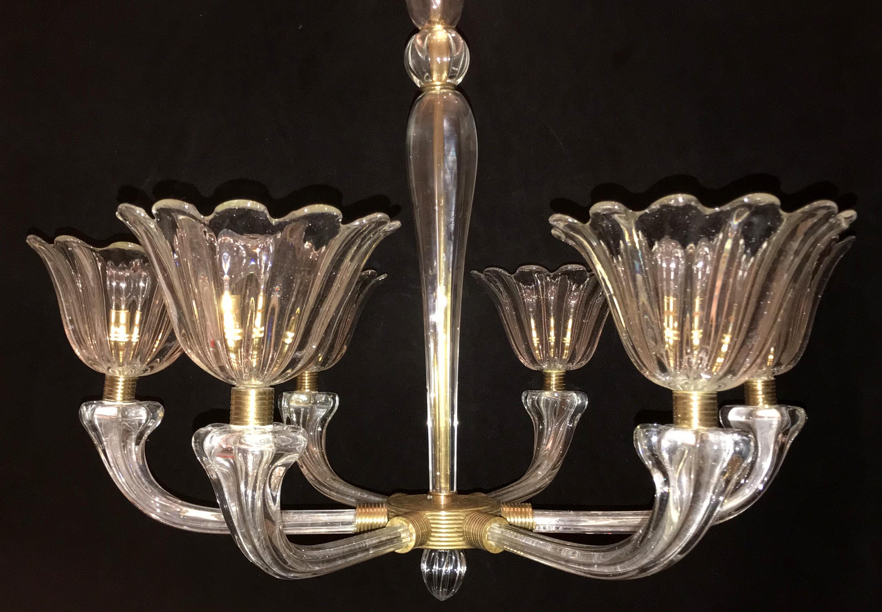 A wonderful Mid-Century Modern Venetian Art Deco style, bronze and blown clear scalloped glass six-light chandelier. Unfortunately the pictures do not do the chandelier justice... this is a very simple and elegant fixture.
Measures: Currently: 43