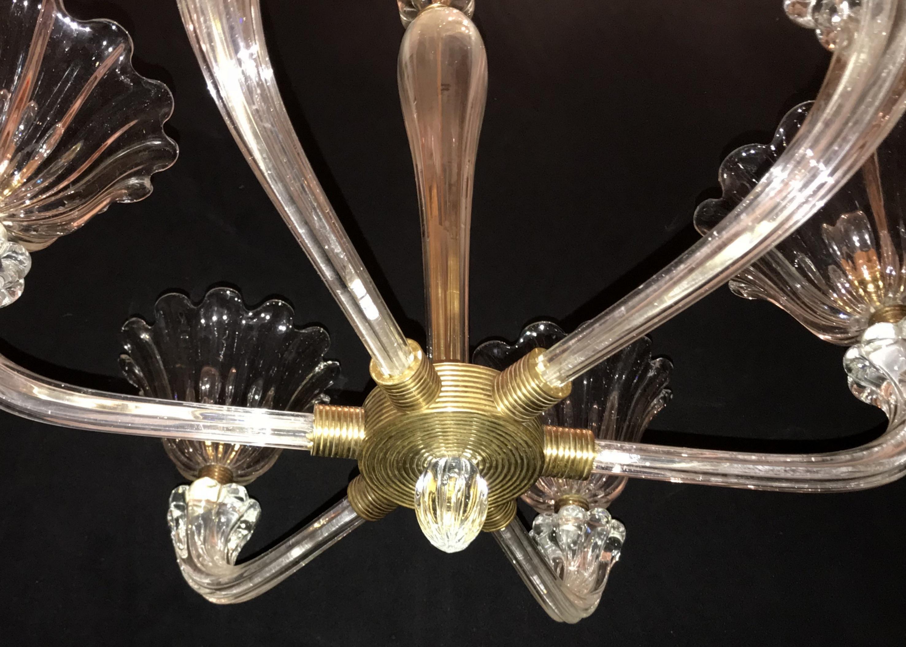 Italian Mid-Century Modern Venetian Art Deco Bronze Blown Glass Six-Light Chandelier