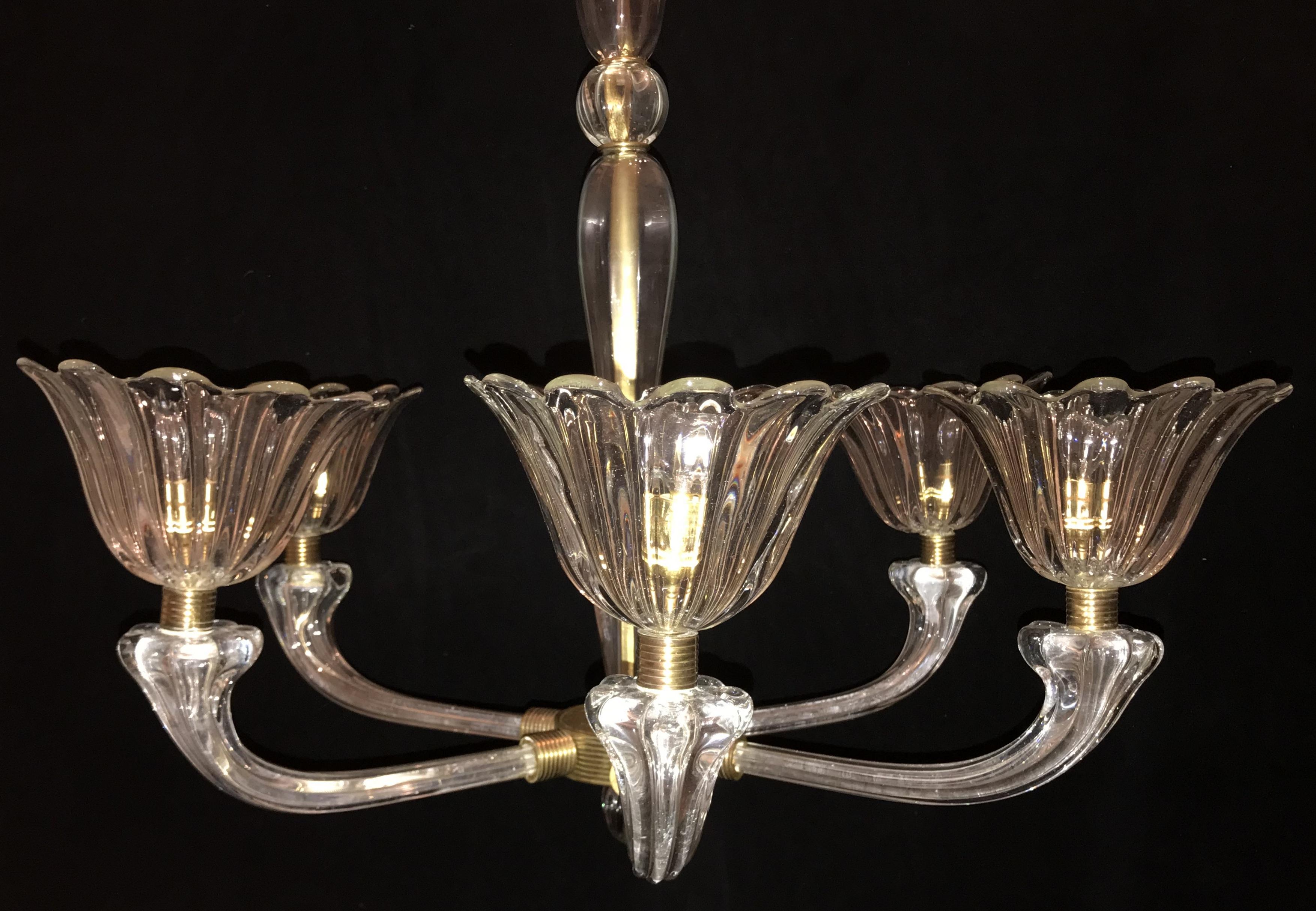 20th Century Mid-Century Modern Venetian Art Deco Bronze Blown Glass Six-Light Chandelier