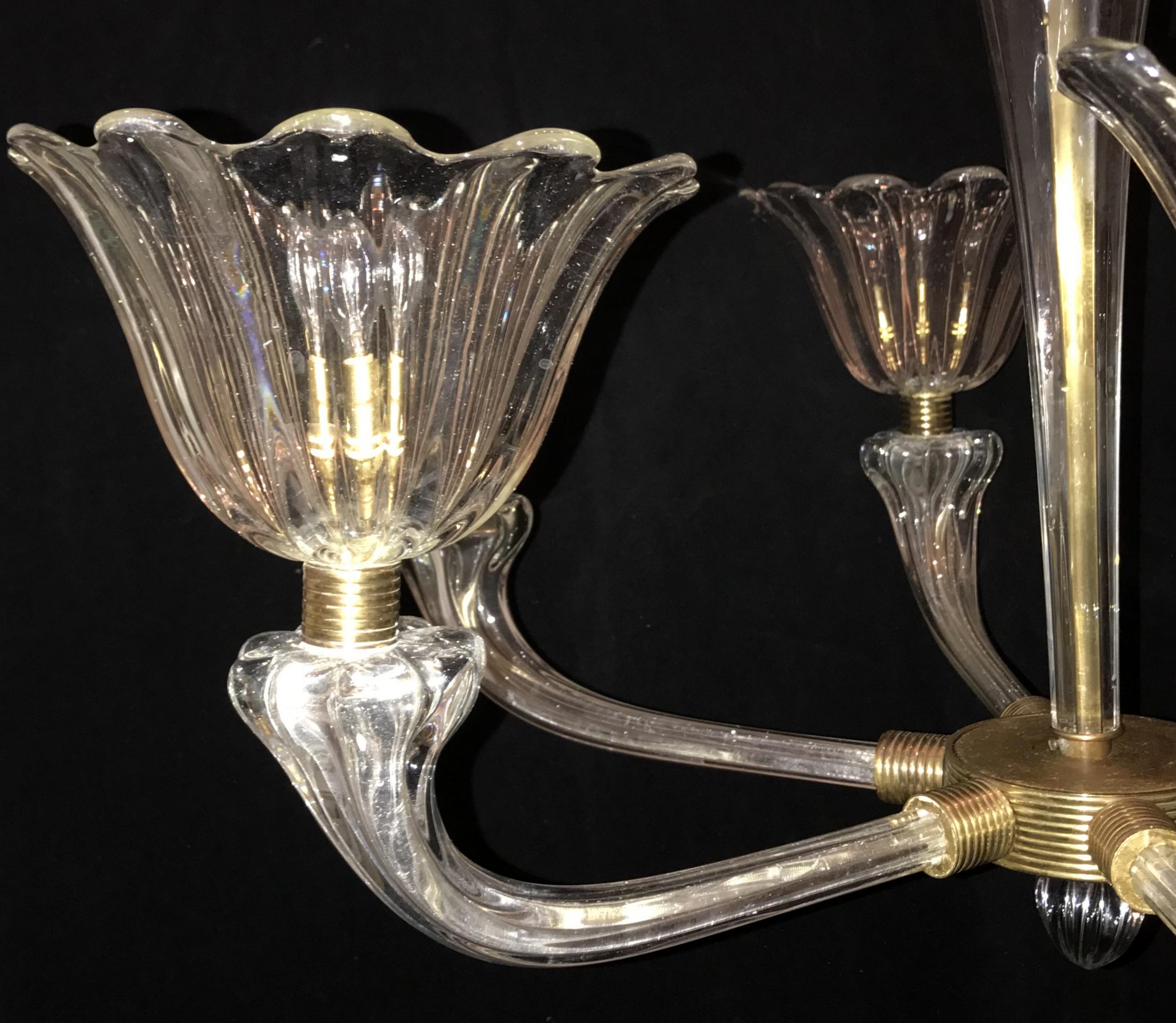 Mid-Century Modern Venetian Art Deco Bronze Blown Glass Six-Light Chandelier 1