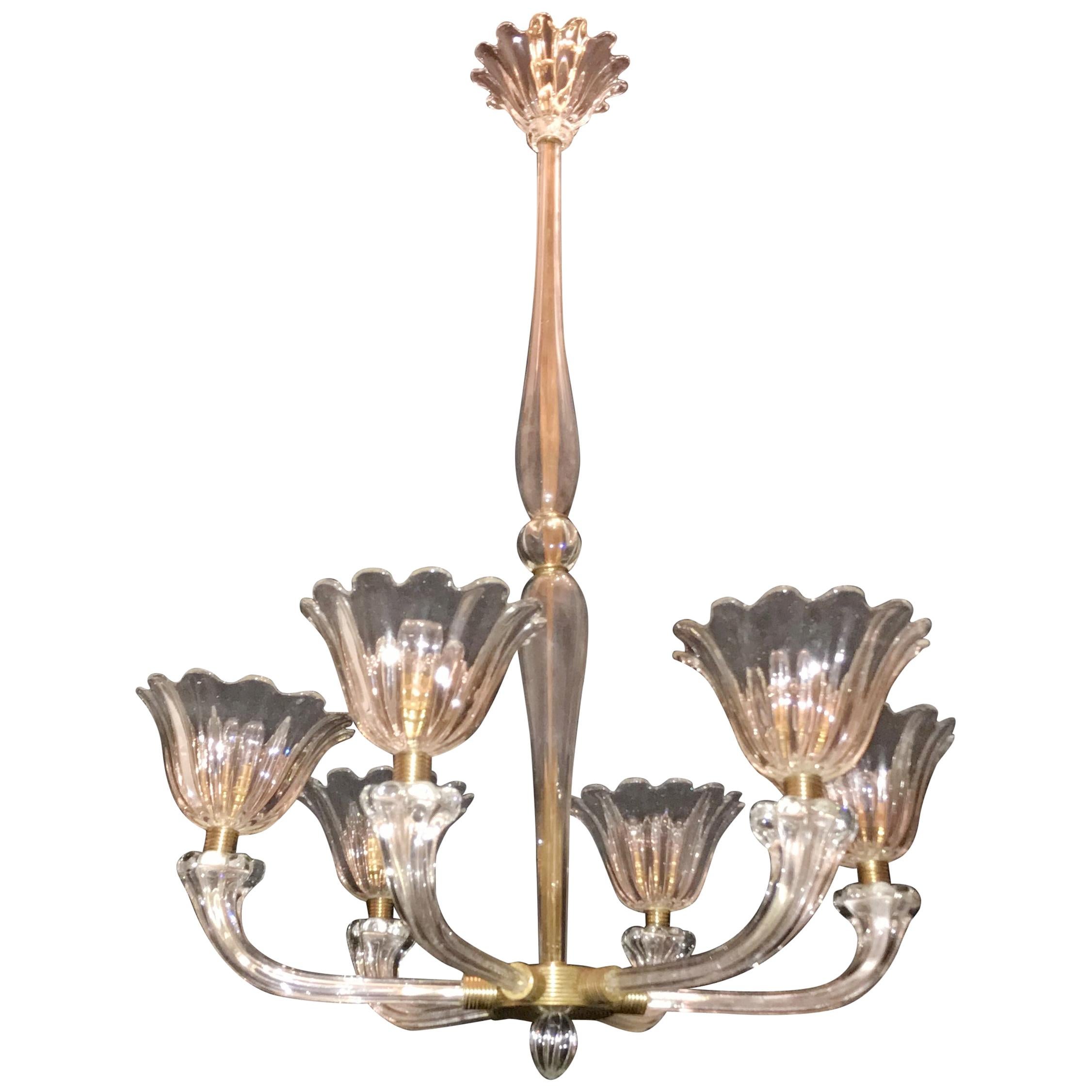 Mid-Century Modern Venetian Art Deco Bronze Blown Glass Six-Light Chandelier