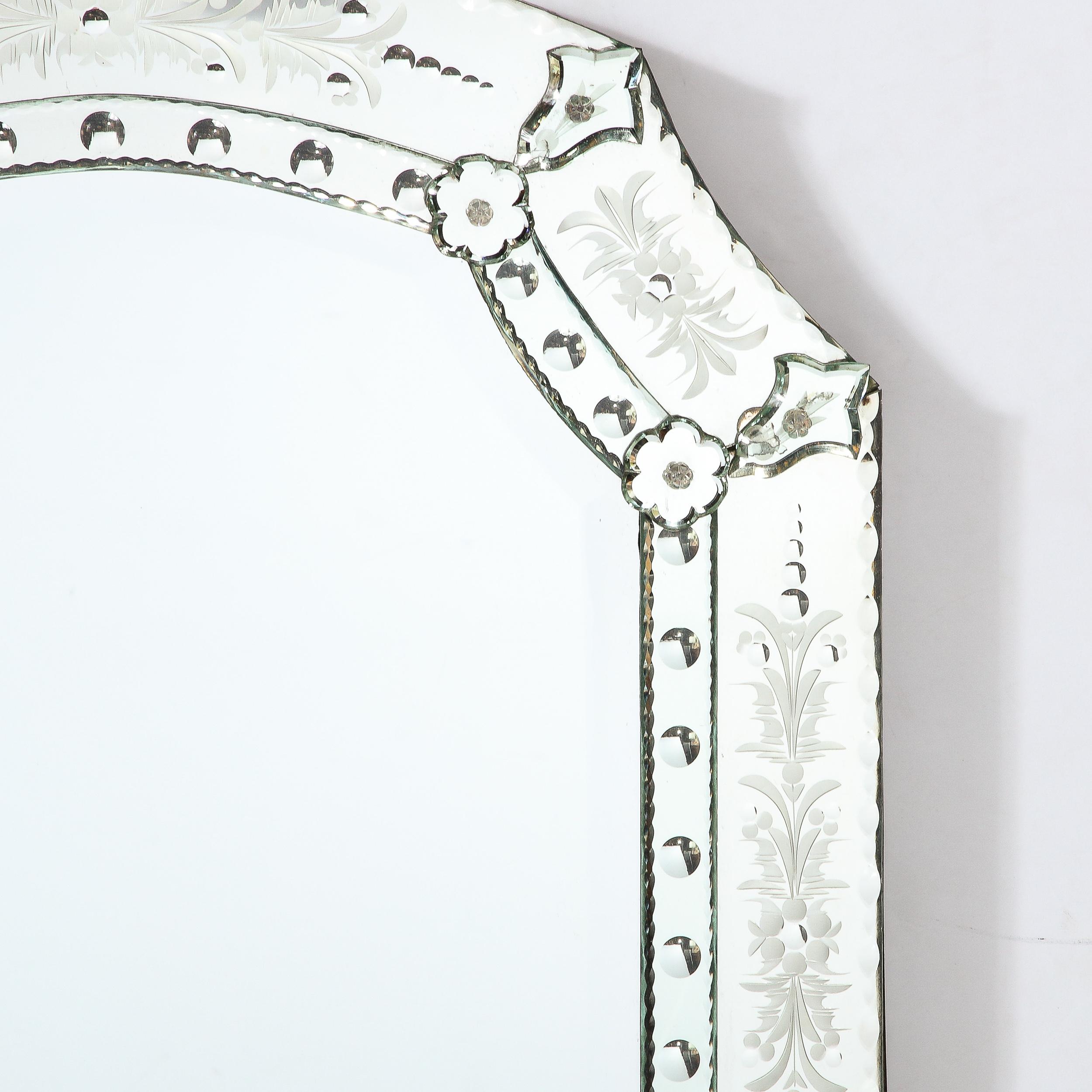 Italian Mid-Century Modern Venetian Glass Mirror W/ Chain Beveling and Reverse Etched