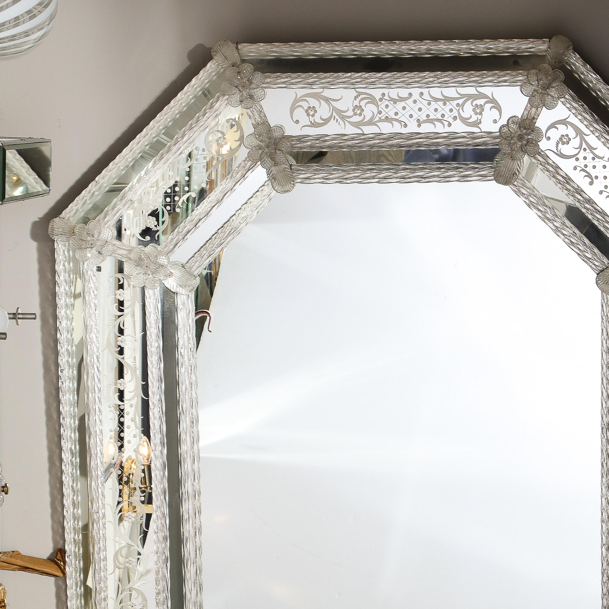 Mid-Century Modern Venetian Mirror with Murano Florets & Acid Etched Detailing In Excellent Condition In New York, NY