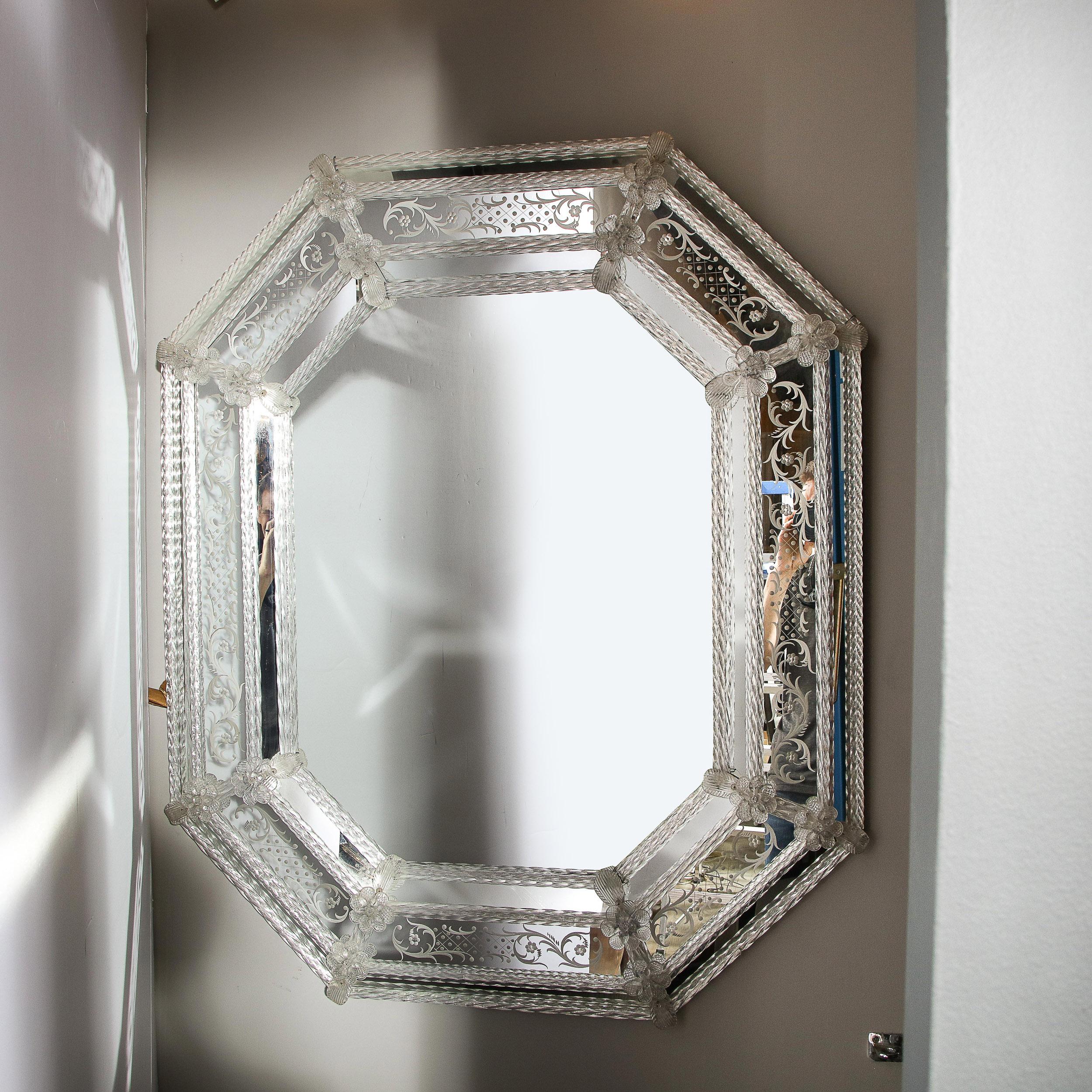 Mid-Century Modern Venetian Mirror with Murano Florets & Acid Etched Detailing 2