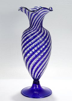 Mid-Century Modern Venetian / Murano Blue & White Swirl Italian Art Glass Vase