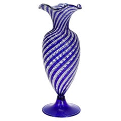 Retro Mid-Century Modern Venetian / Murano Blue & White Swirl Italian Art Glass Vase