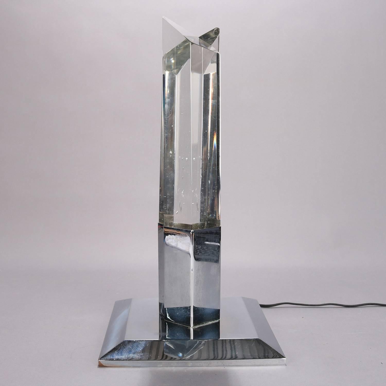 Mid-Century Modern Italian Venini school sculptural prism table lamp features chrome base with double crystals reminiscent of skyscrapers, mid-20th century

Measures: 19