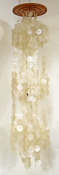 Mid-Century Modern Large Long Wood & Capiz Shell Chandelier, 1960s