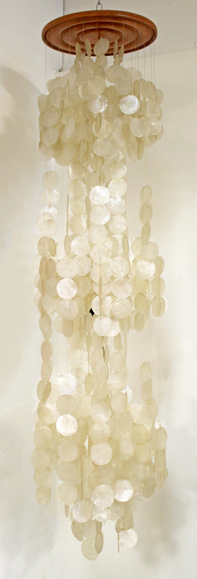 MidCentury Modern Large Long Wood and Capiz Shell Chandelier, 1960s at