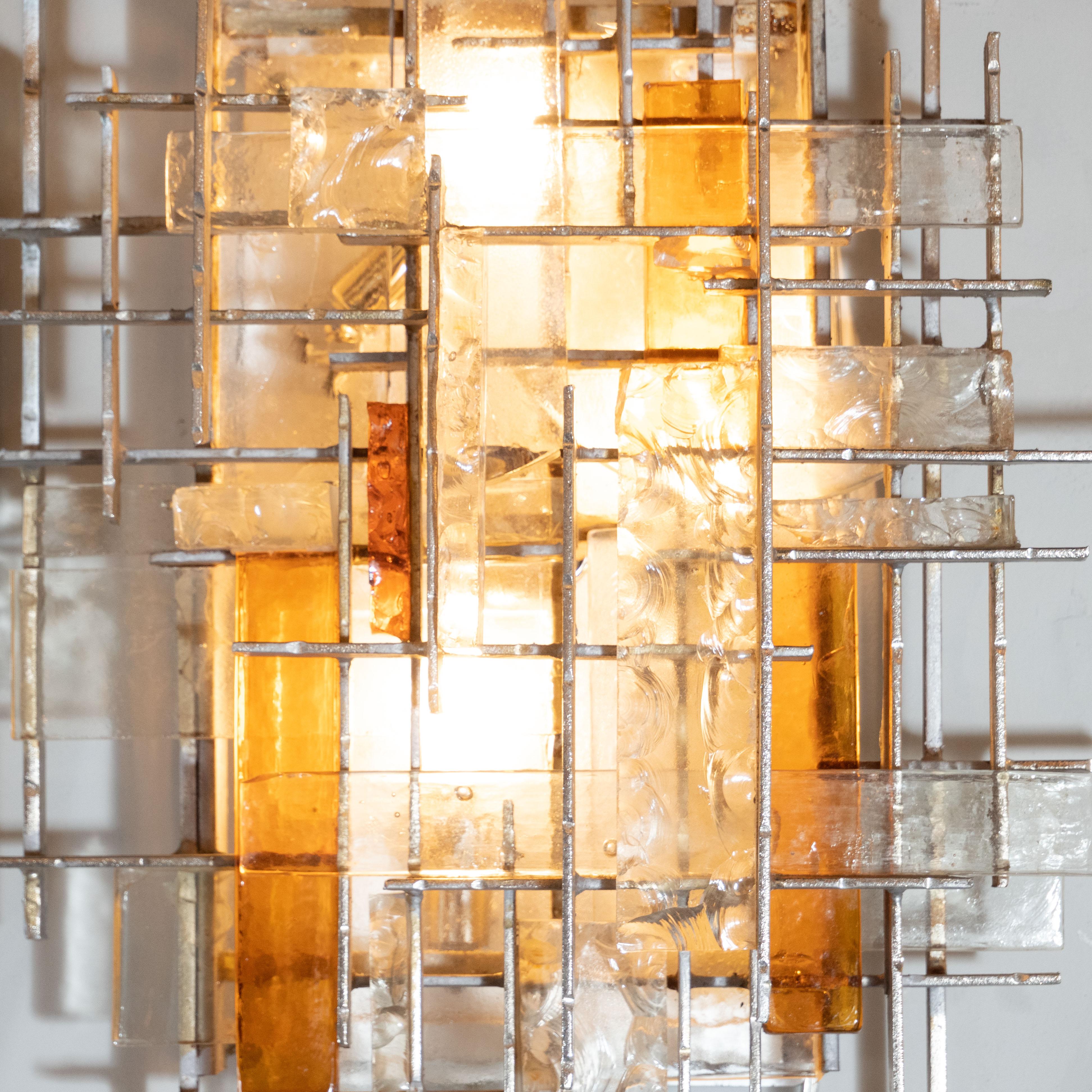 Italian Mid-Century Modern Veronese Glass Sconces with Silvered Iron Fittings, Poliarte
