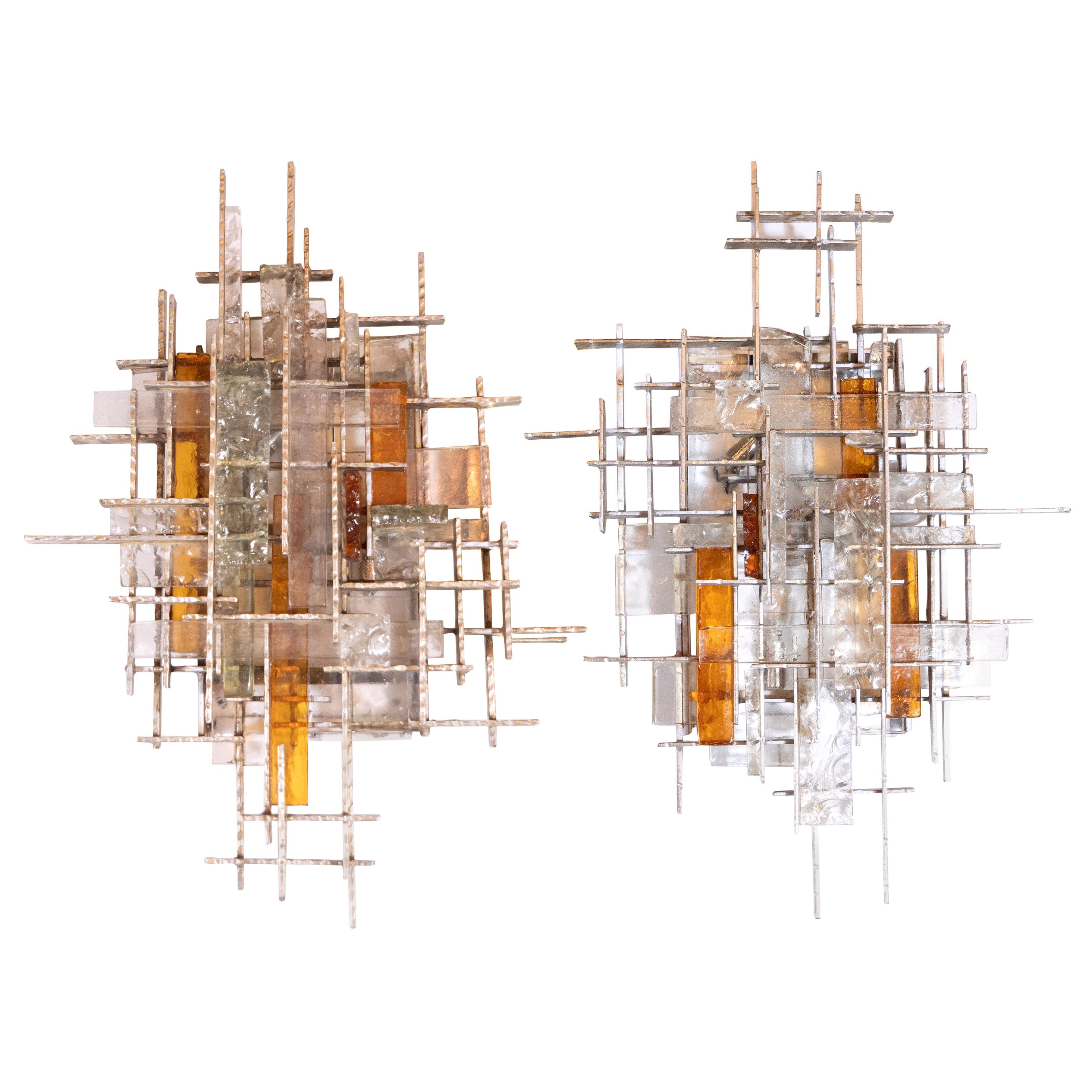 Mid-Century Modern Veronese Glass Sconces with Silvered Iron Fittings, Poliarte