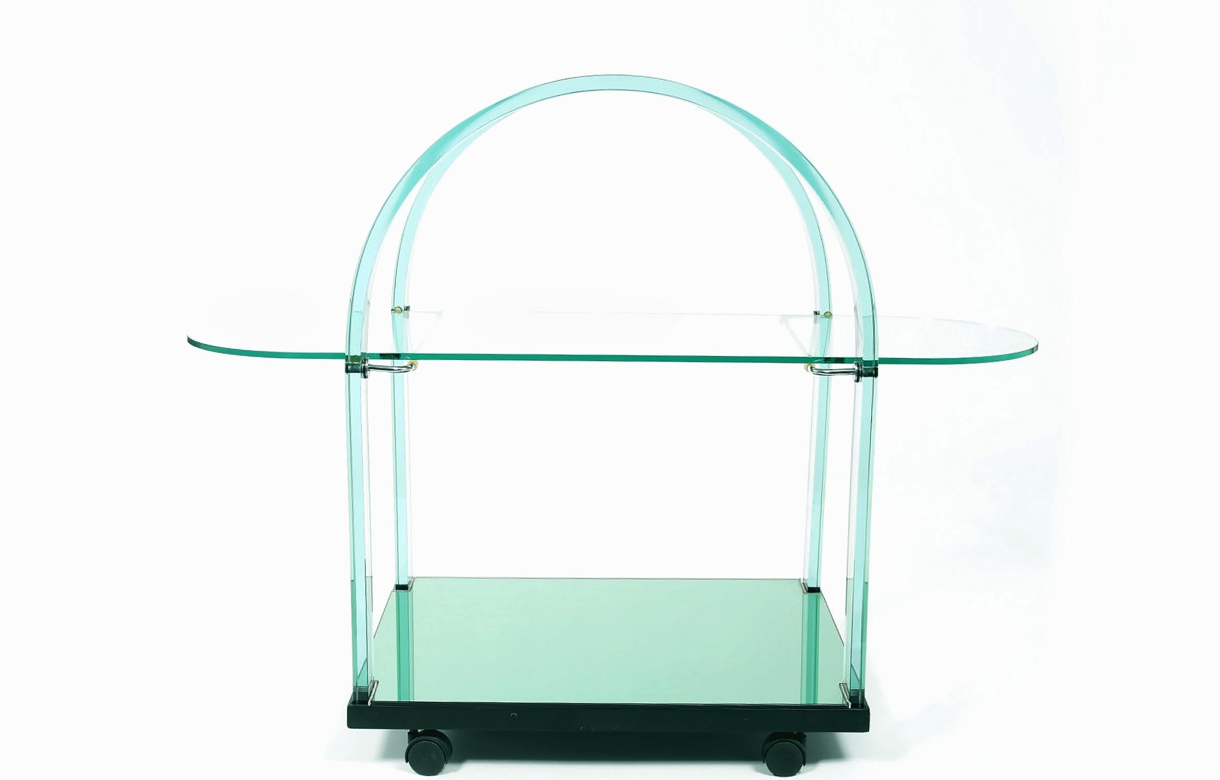Mid-Century Modern very fine Italian detachable top glass shelve with mirrored base shelve bar cart. The bar cart is in good vintage condition with wear appropriate to age/use. Maker's mark on glass. 
Glass/mirror is completely removable from bass