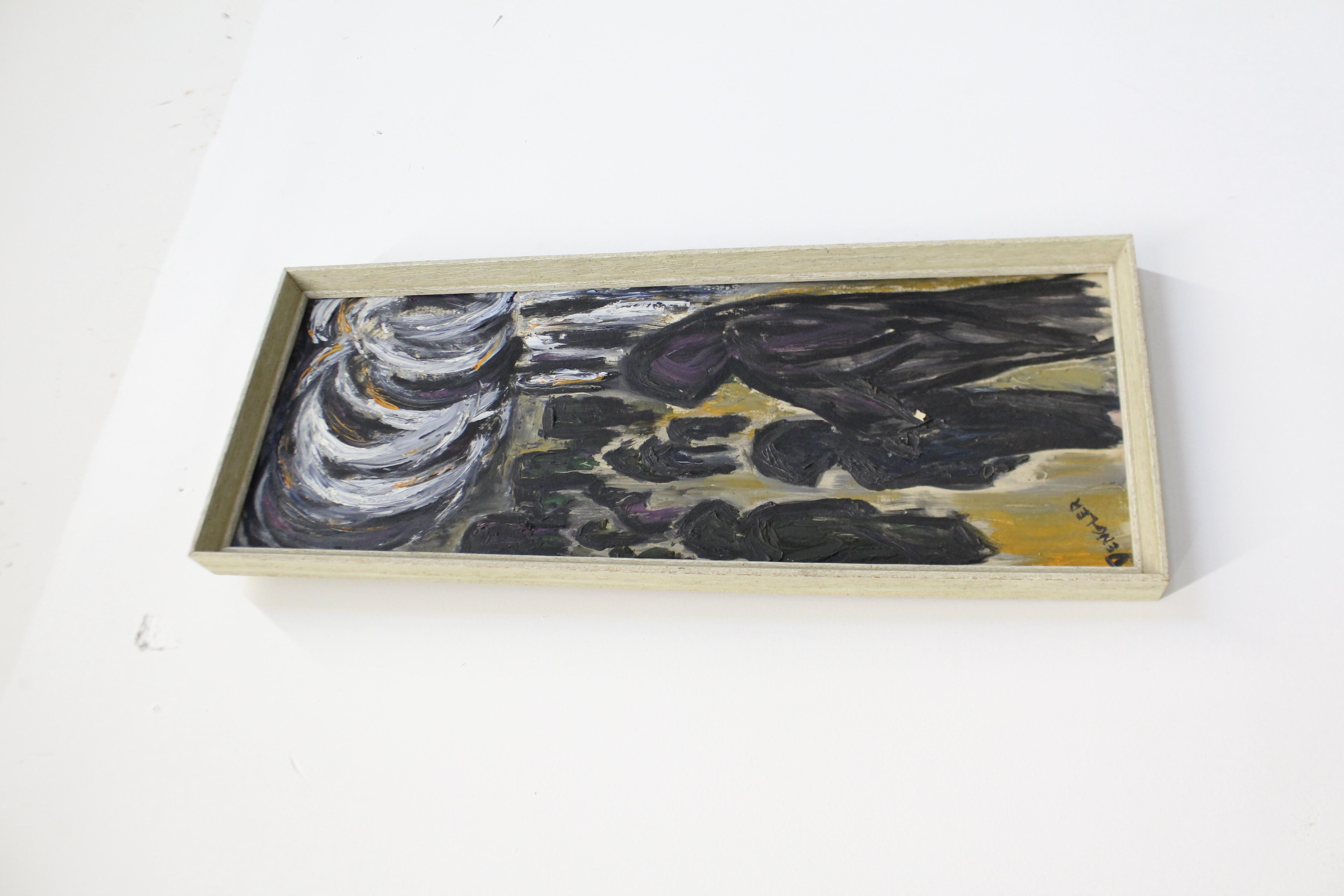 Offert est une peinture à l'huile abstraite moderne vintage, signé par Candy Dengler. Le cadre en bois présente une certaine usure due à l'âge, mais le tableau lui-même est intact et en bon état. Nous n'avons pas d'informations supplémentaires sur