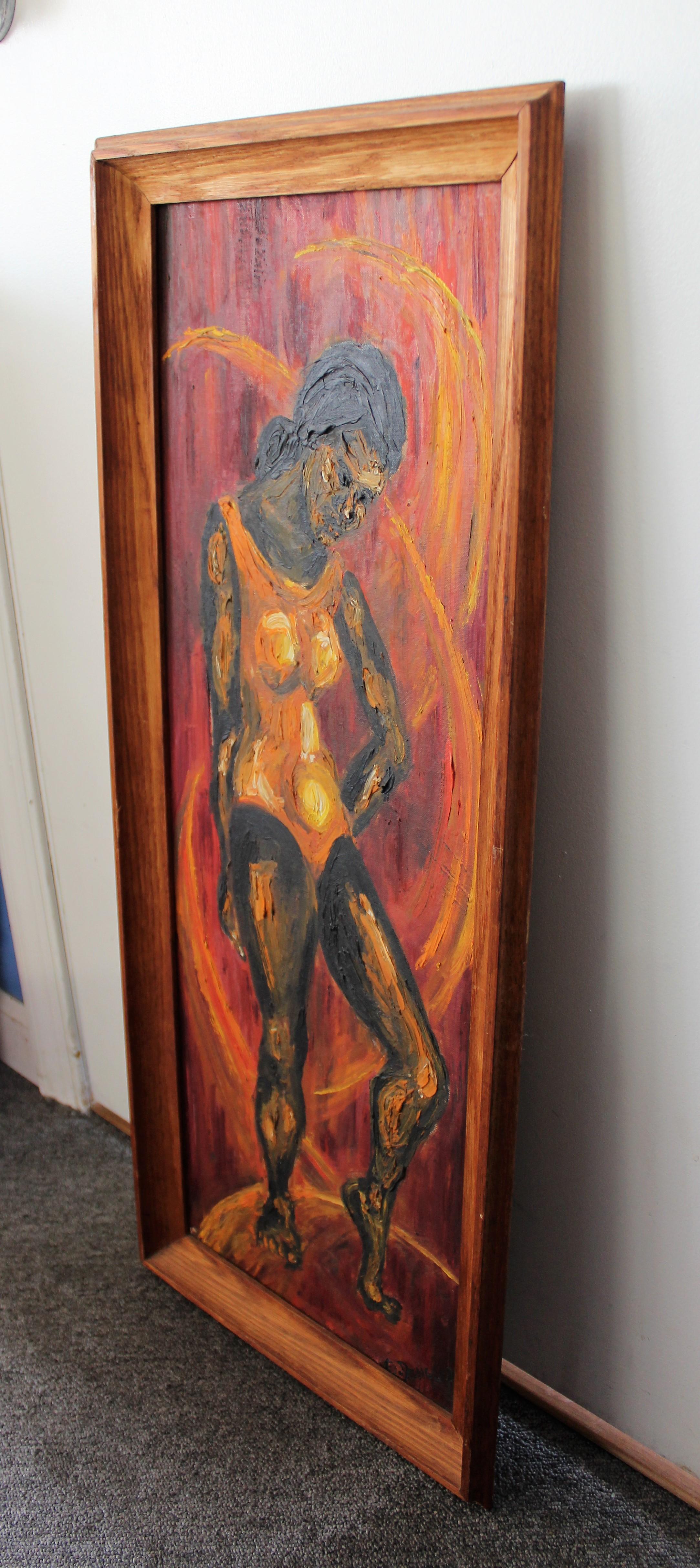 Offert est une peinture à l'huile abstraite moderne vintage d'une femme sur la toile, signé par Candy Dengler. Le cadre en bois présente une certaine usure due à l'âge, mais le tableau lui-même est intact et en bon état. Nous n'avons pas