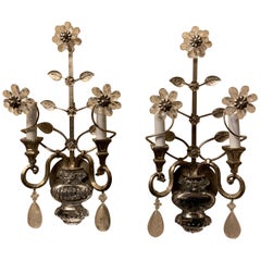 Mid-Century Modern Vintage Baguès Rock Crystal Silvered Flower Urn Sconces, Pair