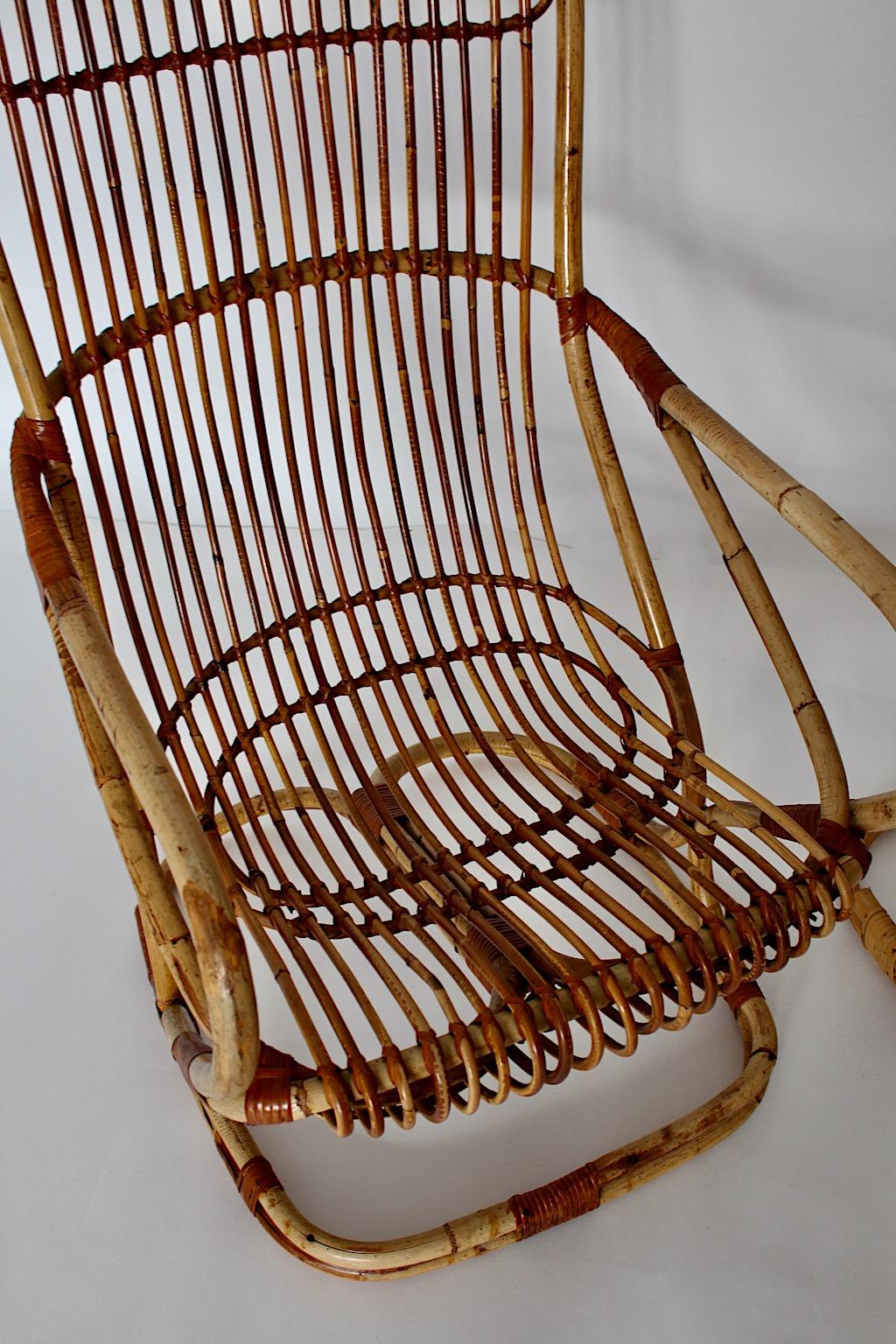 Mid-Century Modern Vintage Bent Bamboo Rattan Two Patio Armchairs, 1960s, Italy For Sale 5