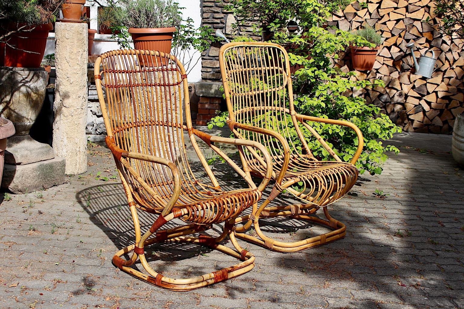 Mid-Century Modern Vintage Bent Bamboo Rattan Two Patio Armchairs, 1960s, Italy For Sale 9