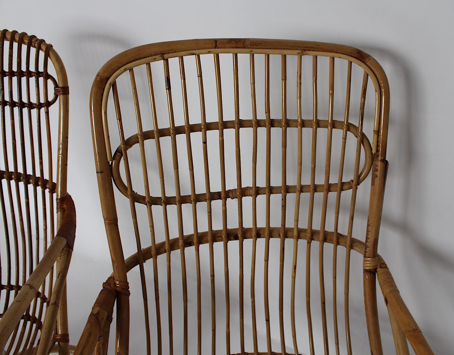 Mid-Century Modern Vintage Bent Bamboo Rattan Two Patio Armchairs, 1960s, Italy For Sale 11