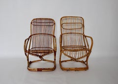 Mid-Century Modern Vintage Bent Bamboo Rattan Two Patio Armchairs, 1960s, Italy