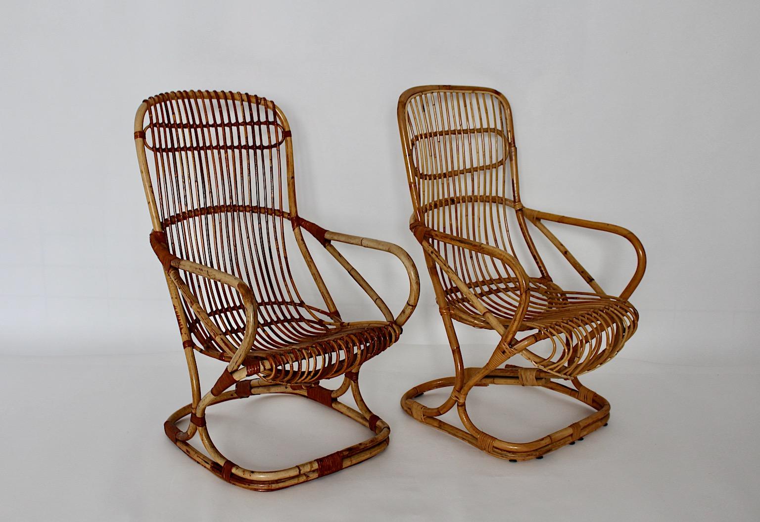 Italian Mid-Century Modern Vintage Bent Bamboo Rattan Two Patio Armchairs, 1960s, Italy For Sale