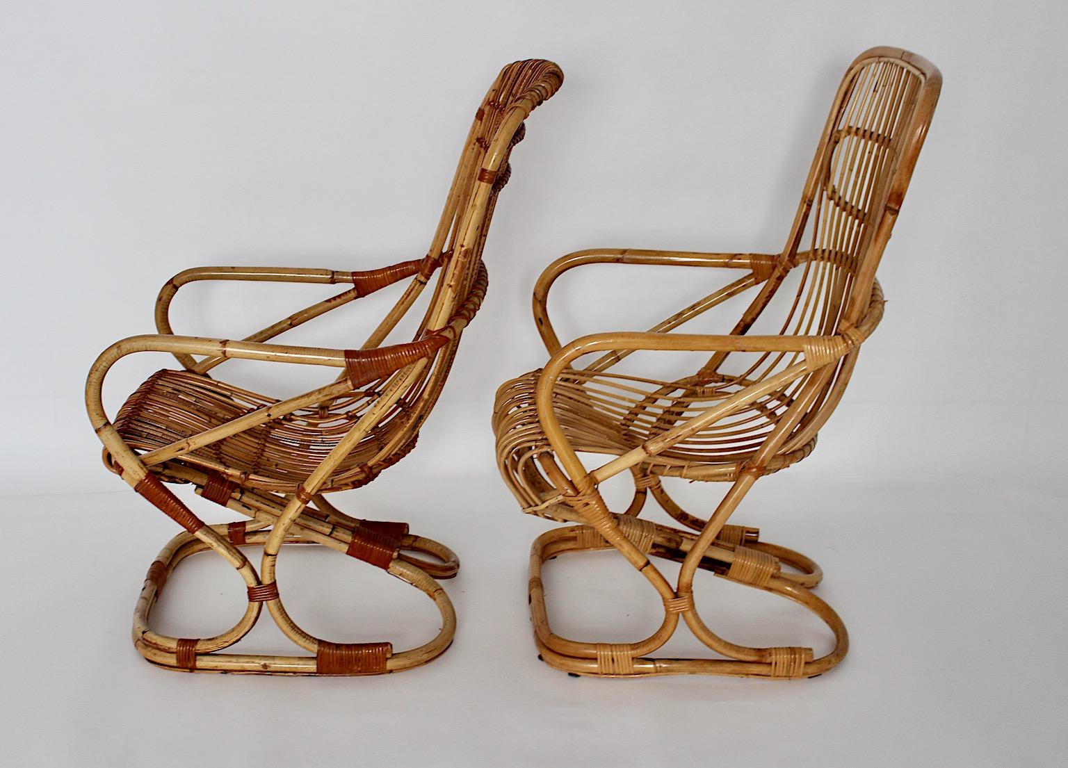 Mid-20th Century Mid-Century Modern Vintage Bent Bamboo Rattan Two Patio Armchairs, 1960s, Italy For Sale