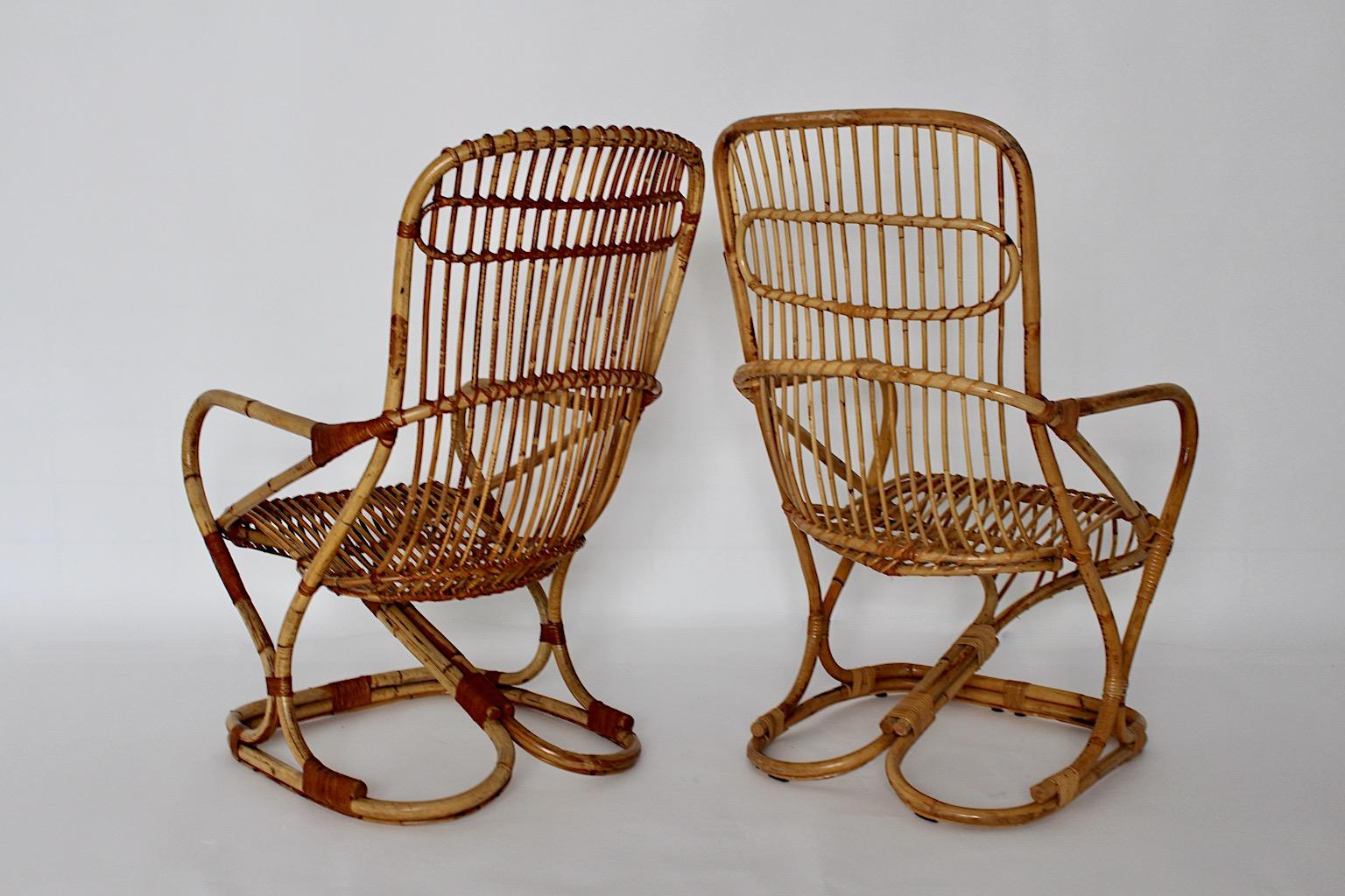 Mid-Century Modern Vintage Bent Bamboo Rattan Two Patio Armchairs, 1960s, Italy For Sale 1