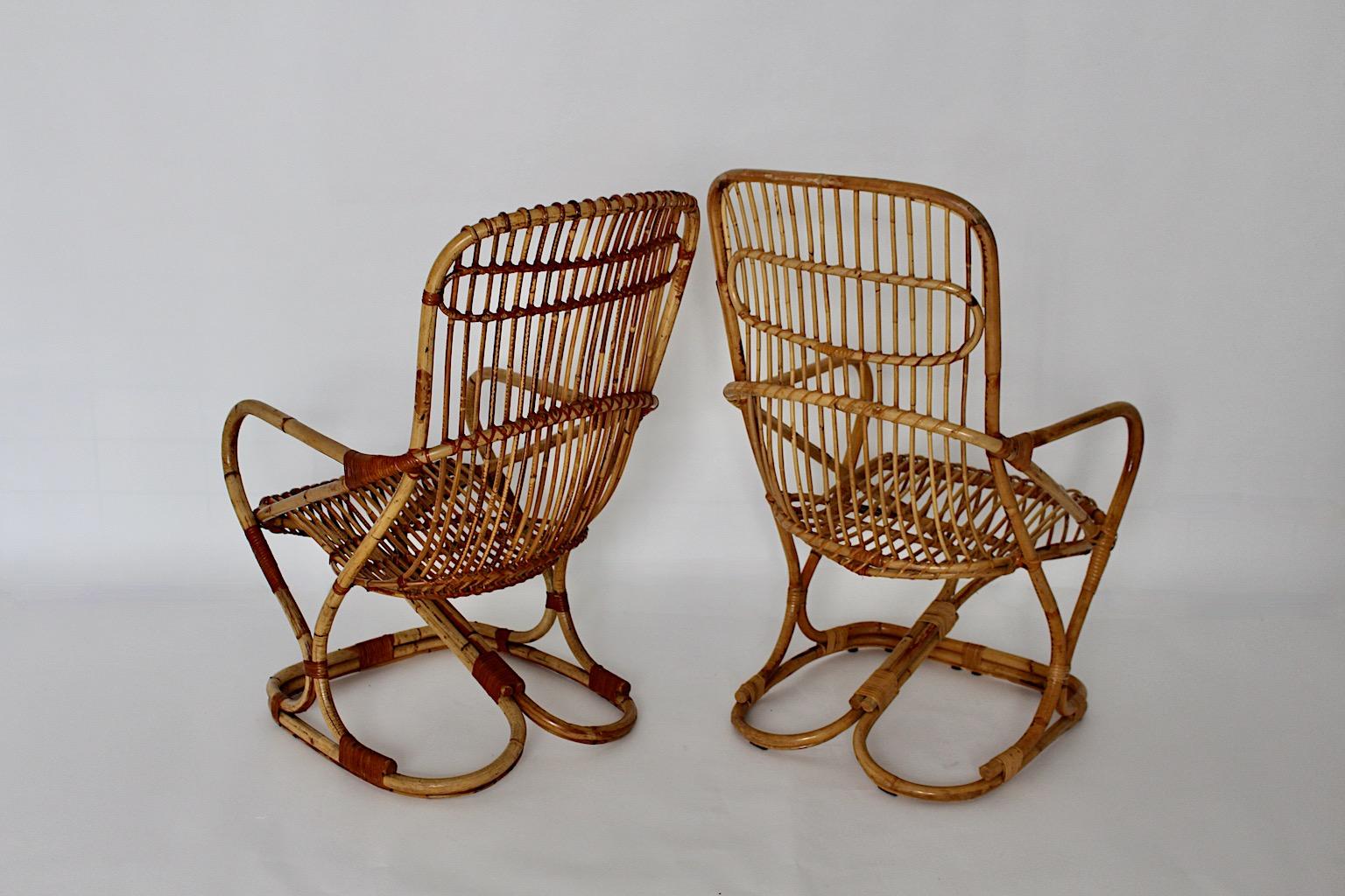 Mid-Century Modern Vintage Bent Bamboo Rattan Two Patio Armchairs, 1960s, Italy For Sale 2